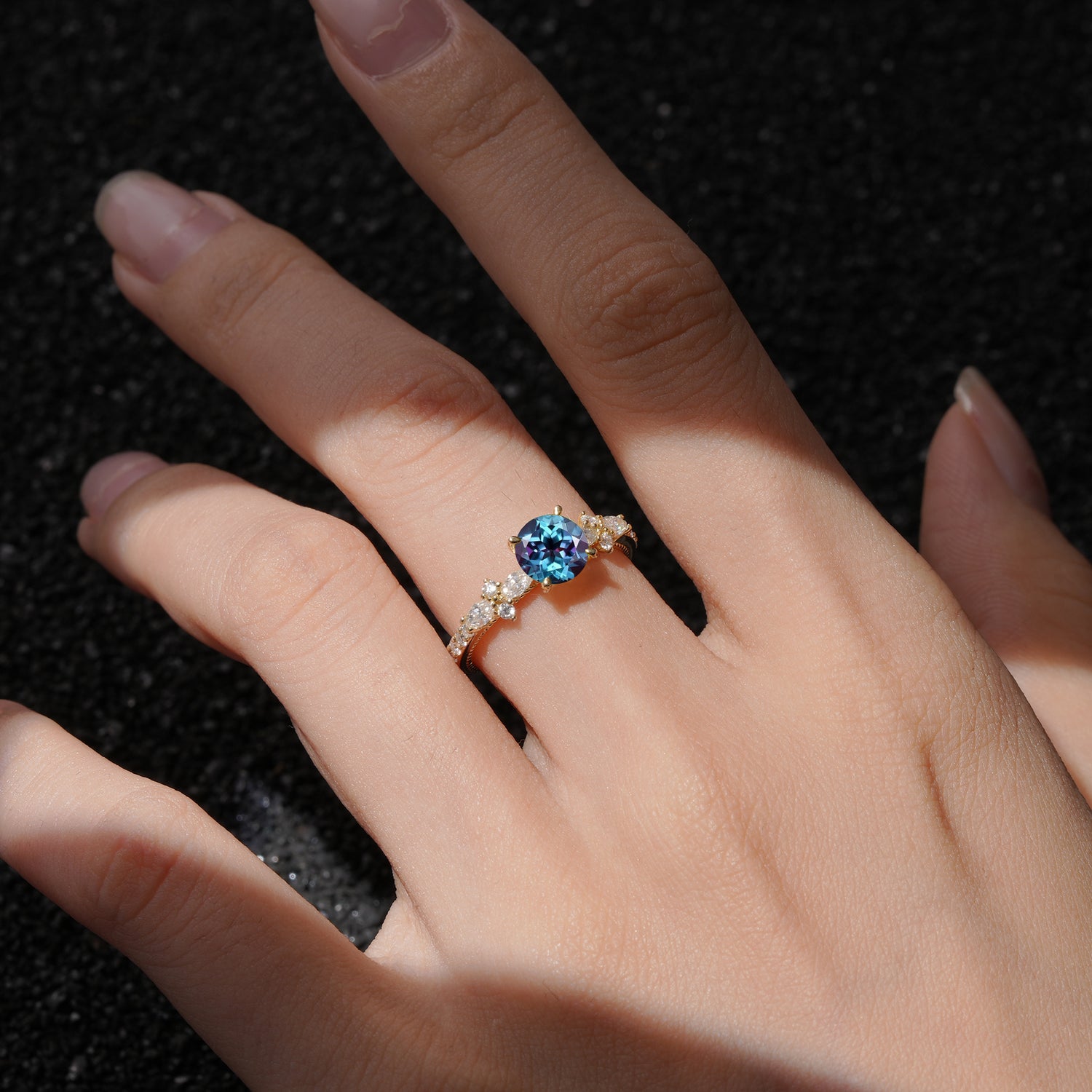 Unique Floral Setting Round Cut Alexandrite Engagement Ring, Gift for Her