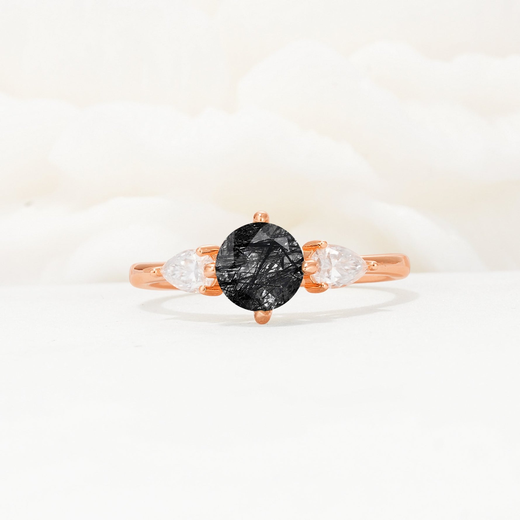 Round Cut Black Rutilated Quartz Three Stone Engagement Ring - Additional view
