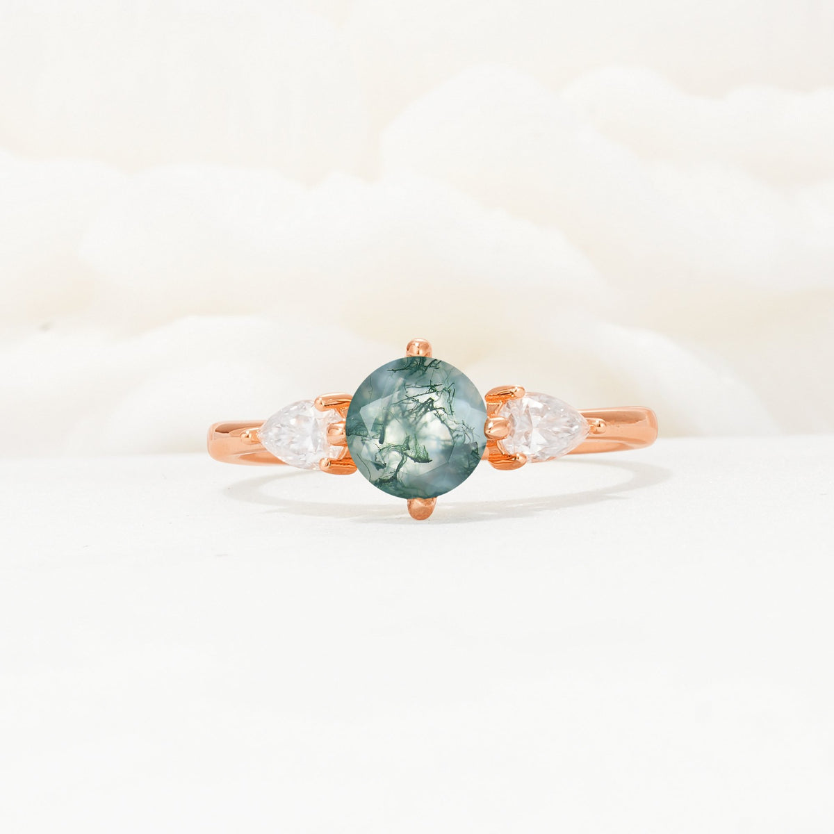 Round Cut Moss Agate Three Stone Engagement Ring - Additional view