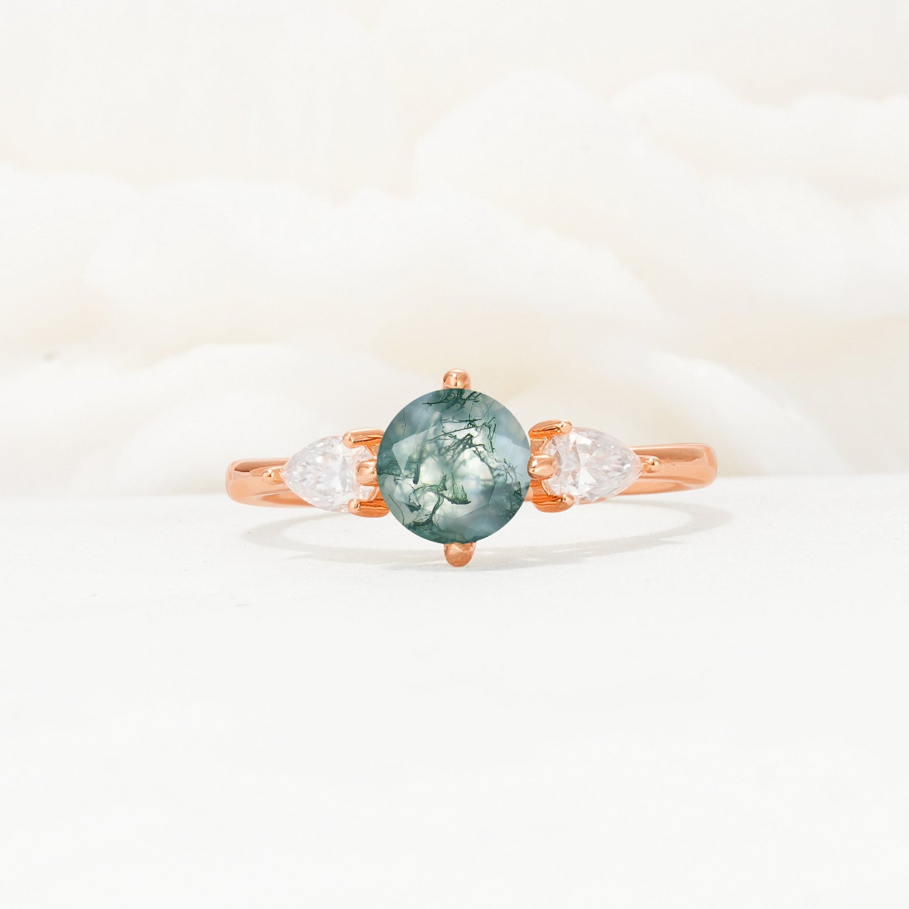 Round Cut Moss Agate Three Stone Engagement Ring - Additional view