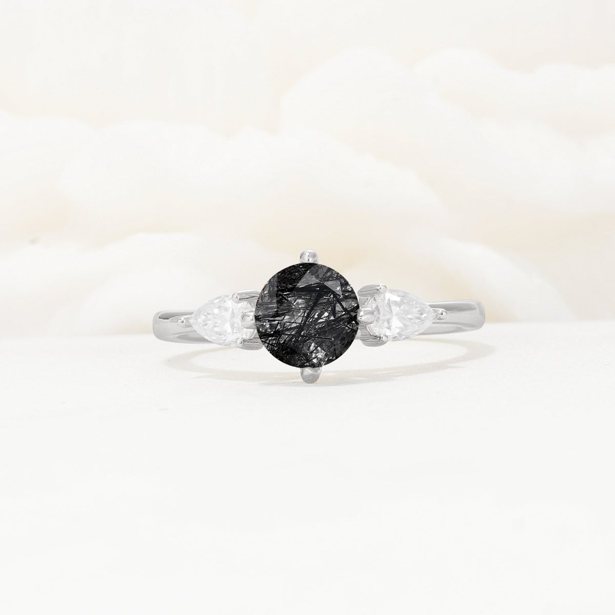 Round Cut Black Rutilated Quartz Three Stone Engagement Ring - Additional view