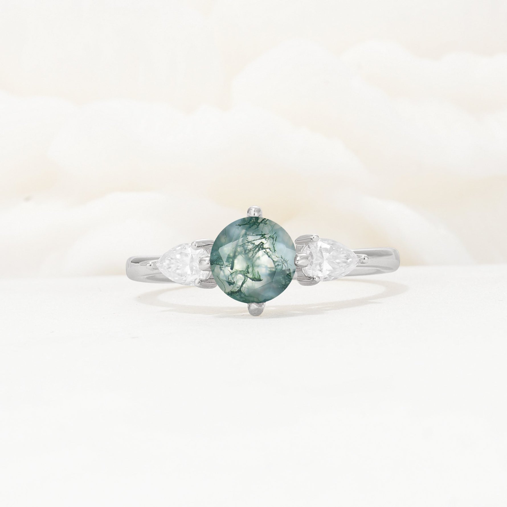 Round Cut Moss Agate Three Stone Engagement Ring - Additional view