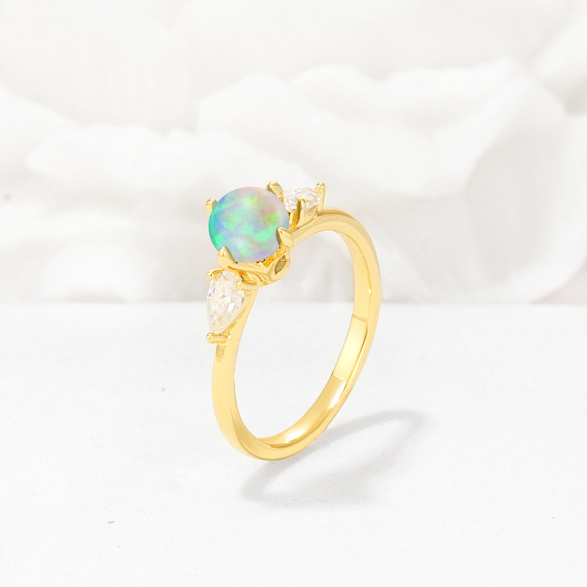 Round Cut Fire Opal Three Stone Engagement Ring - Additional view