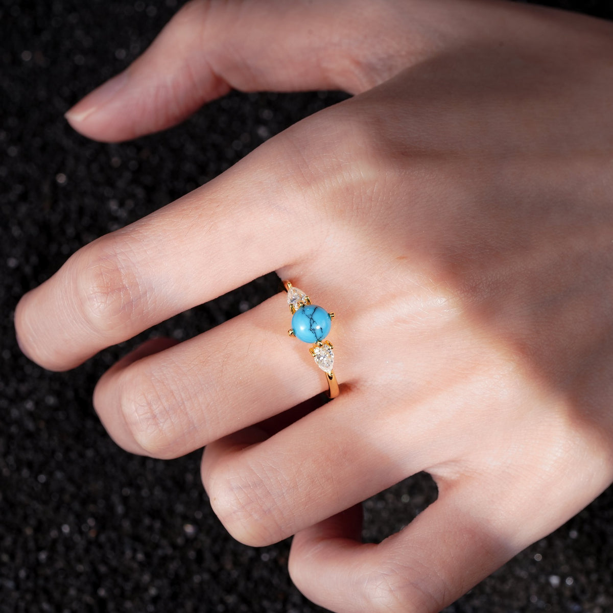 Round Cut Turquoise Three Stone Engagement Ring - Additional view
