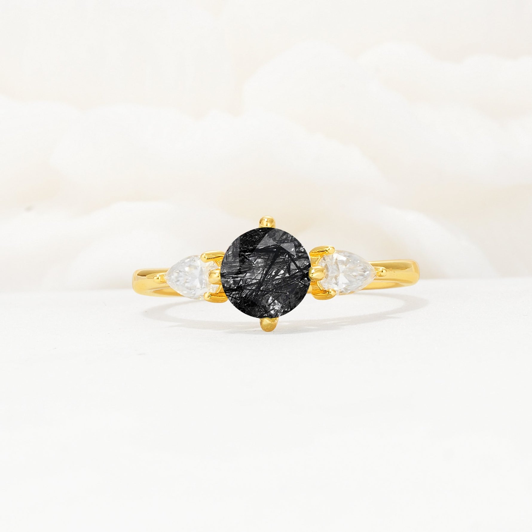 Round Cut Black Rutilated Quartz Three Stone Engagement Ring - Additional view
