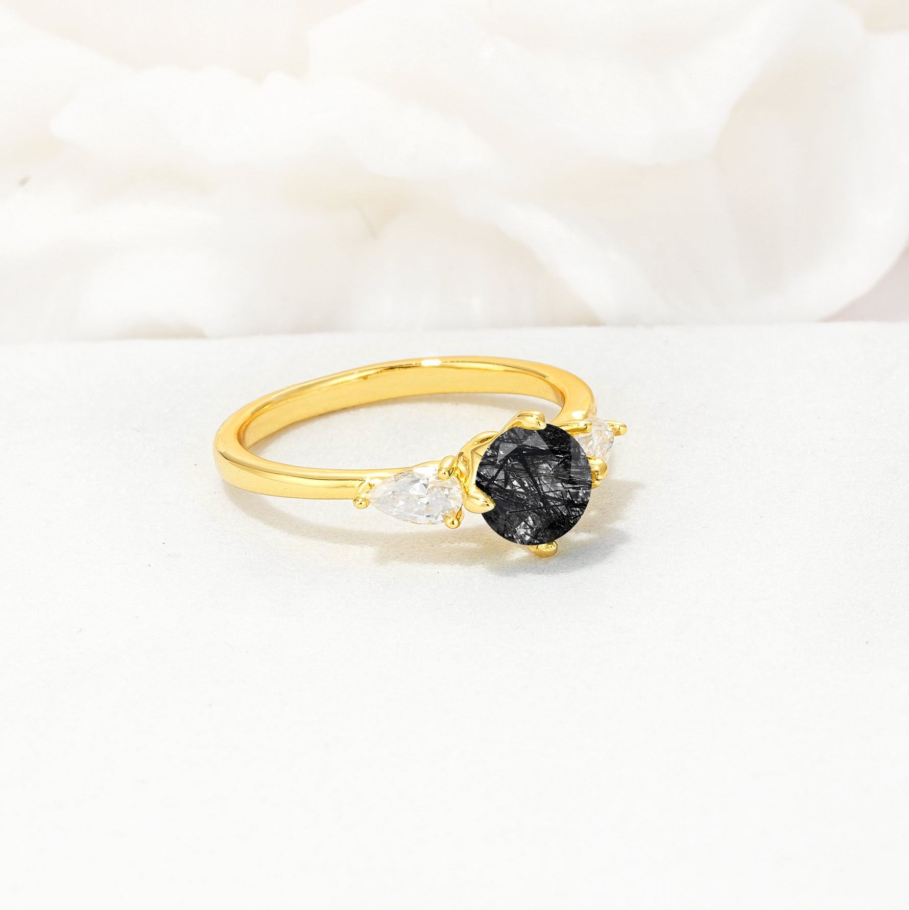 Round Cut Black Rutilated Quartz Three Stone Engagement Ring - Additional view