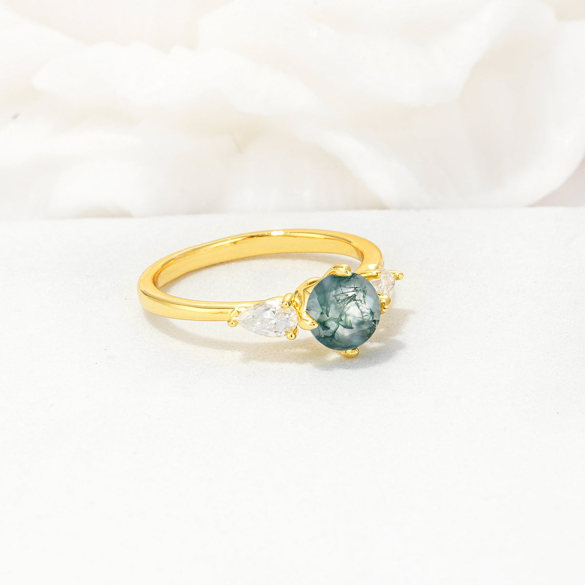 Round Cut Moss Agate Three Stone Engagement Ring - Additional view