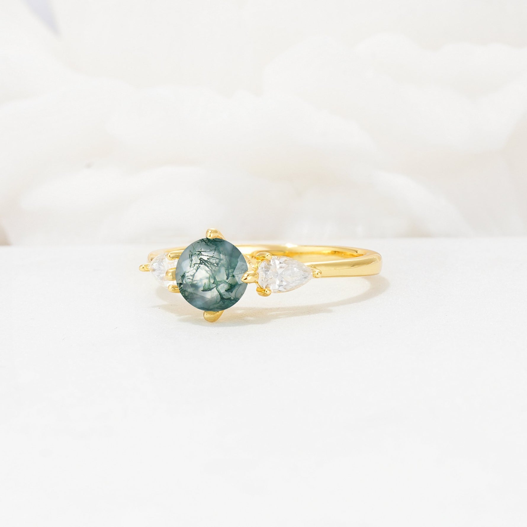 Round Cut Moss Agate Three Stone Engagement Ring - Additional view