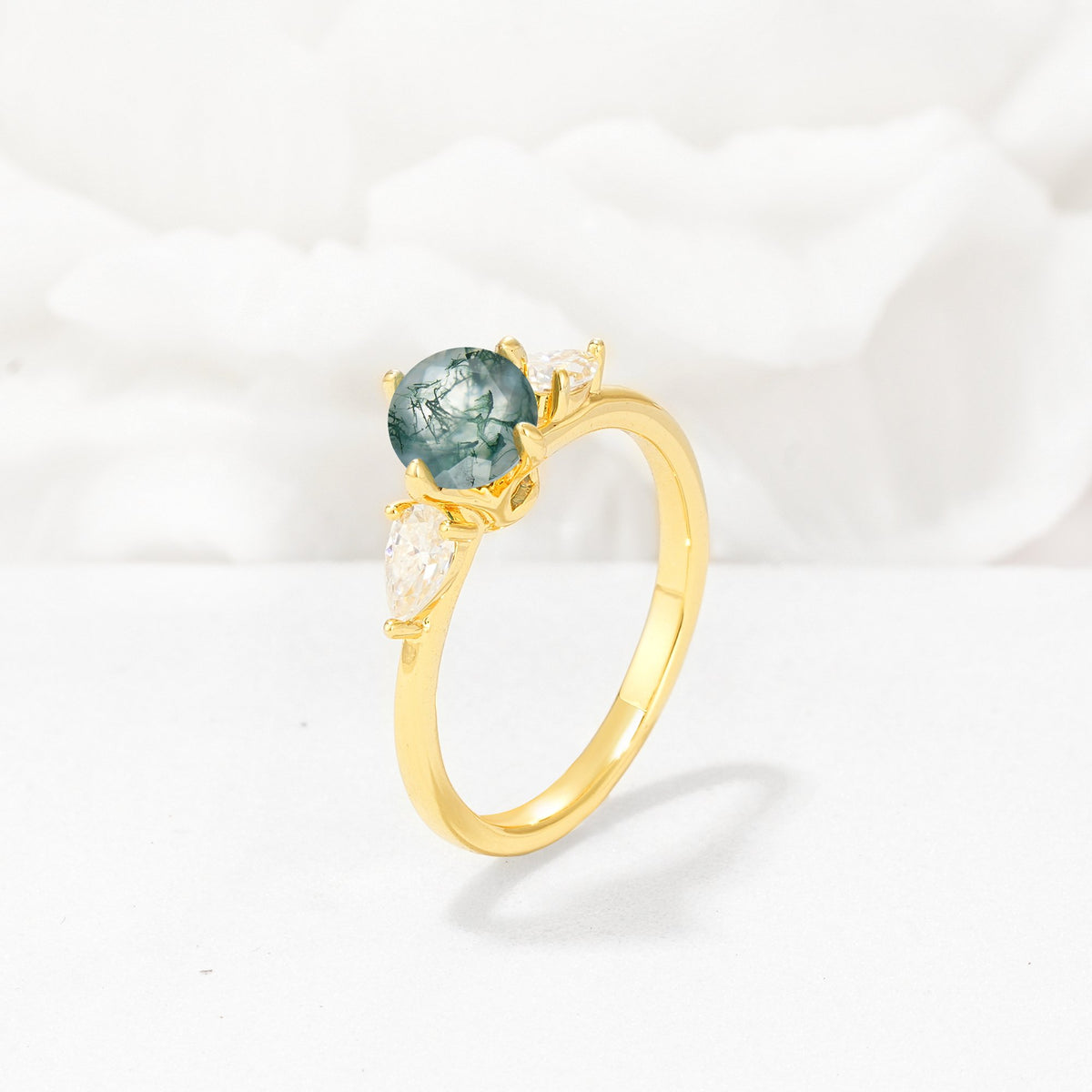 Round Cut Moss Agate Three Stone Engagement Ring - Additional view