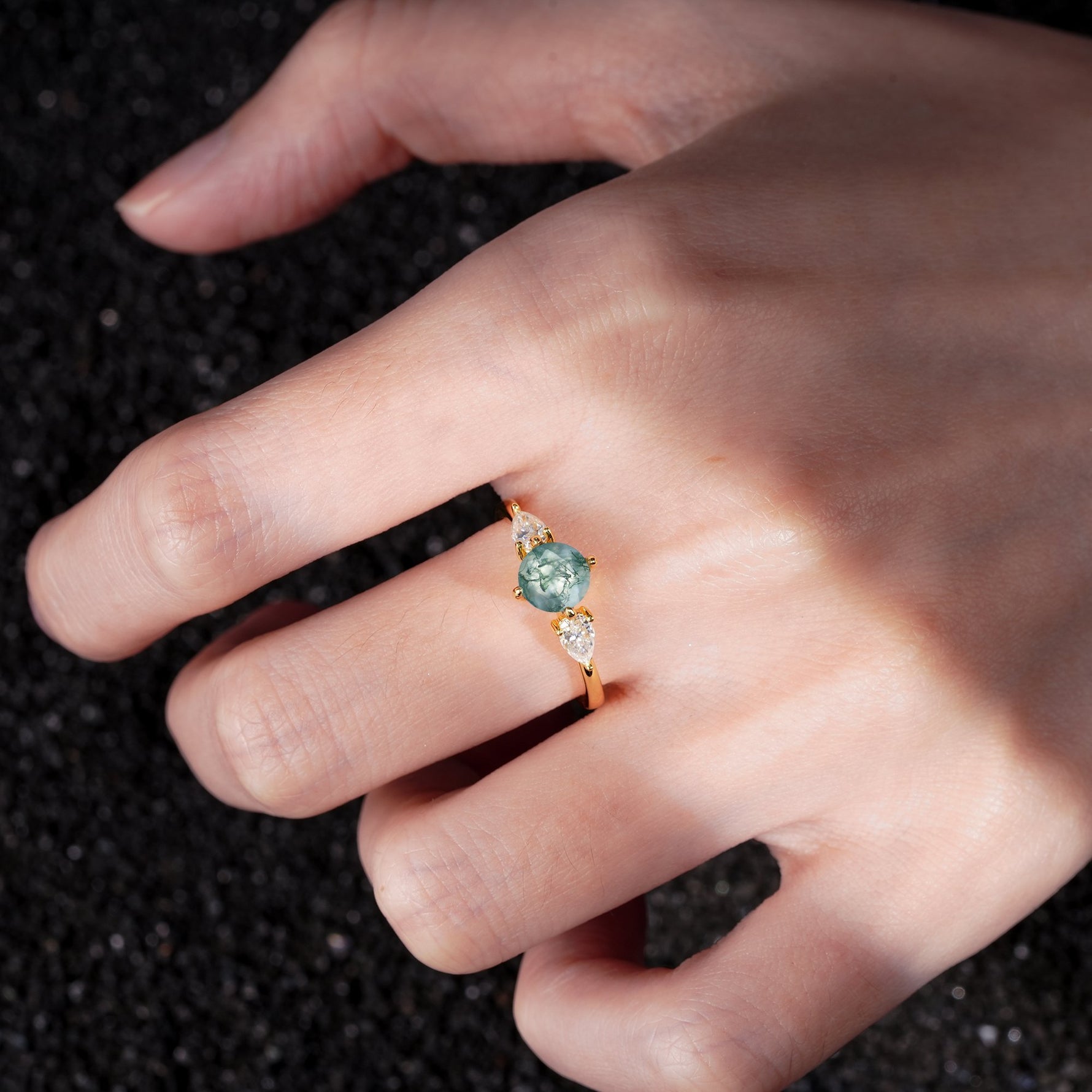 Round Cut Moss Agate Three Stone Engagement Ring - Additional view