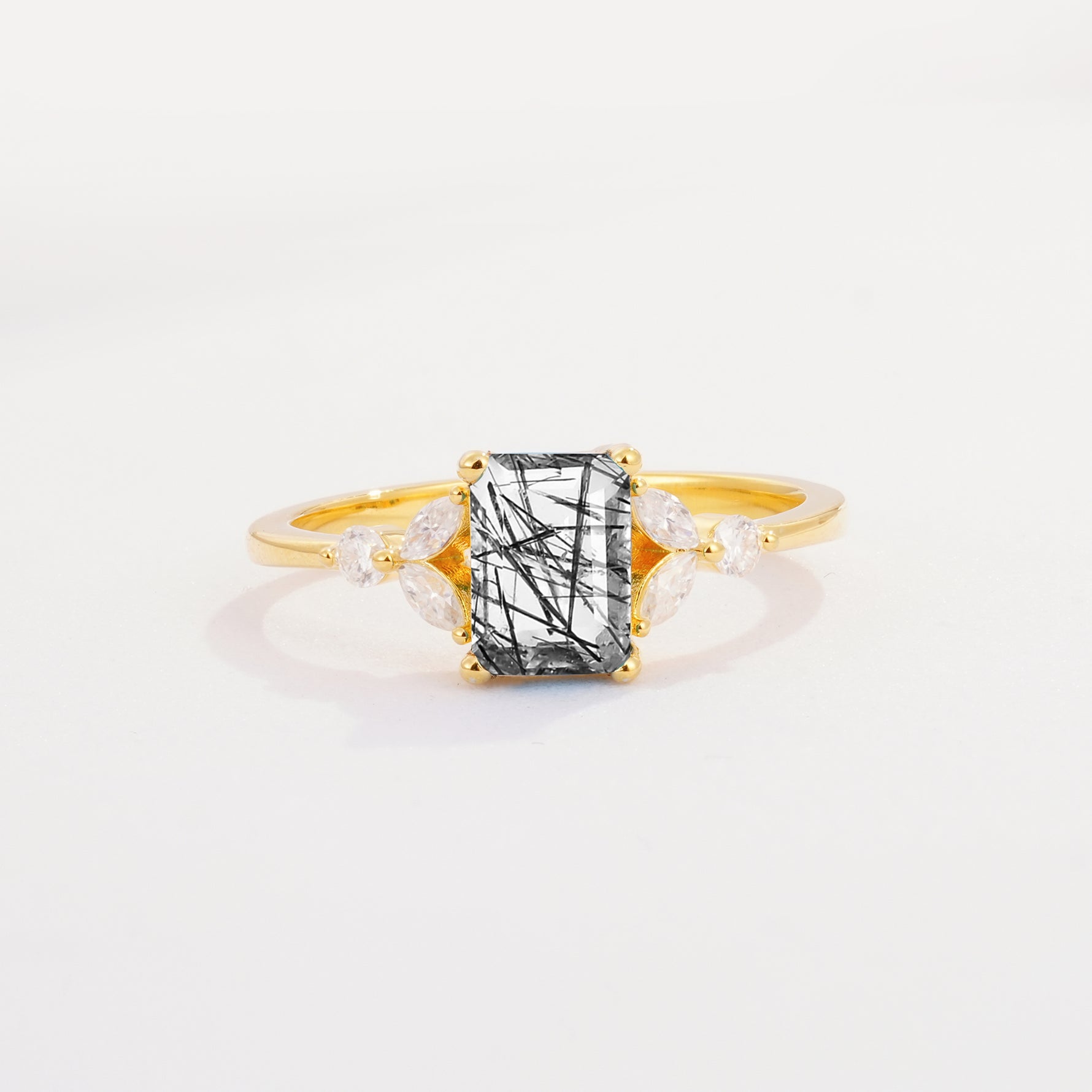 SR09245 Black Rutilated Quartz Ring - Yellow-Gold