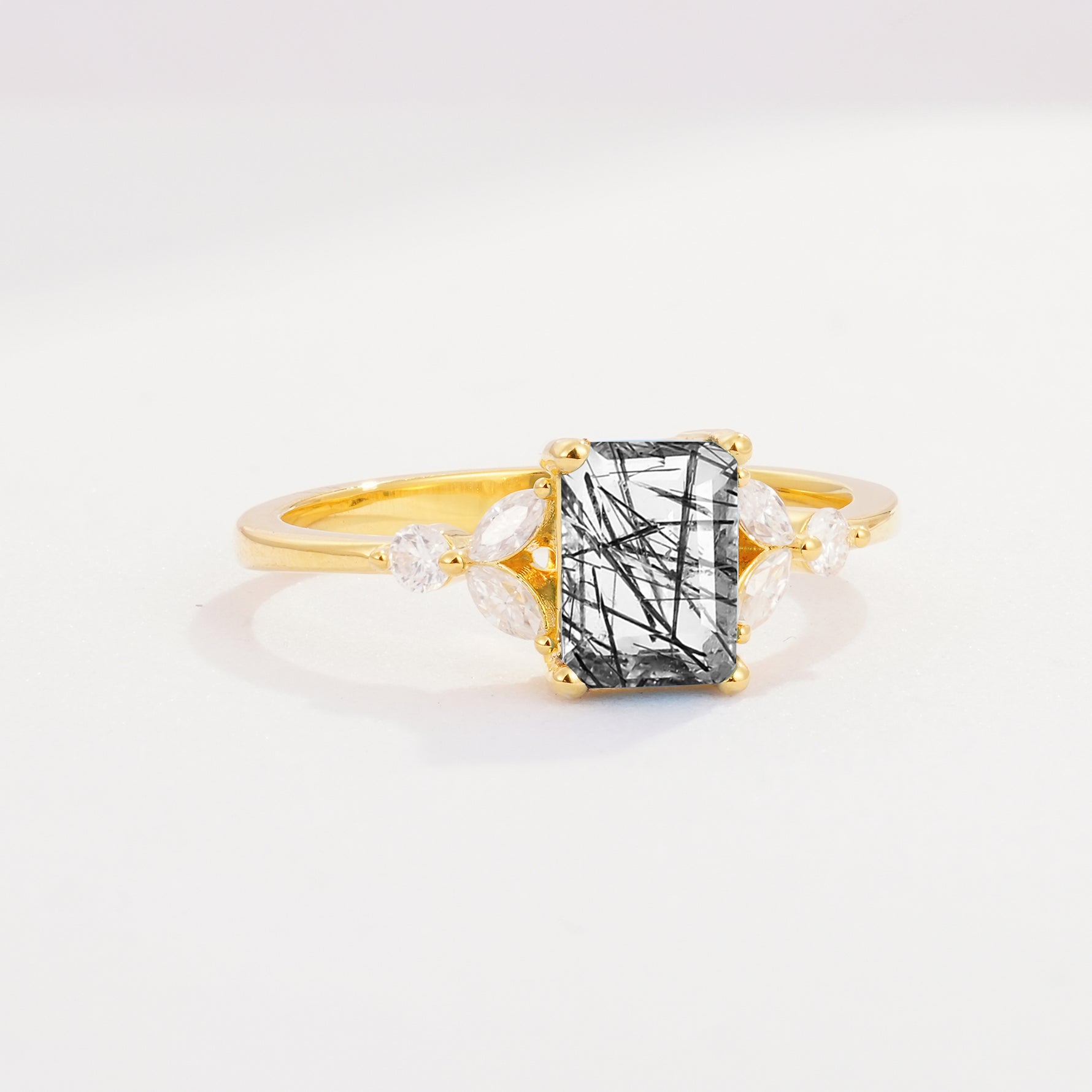 SR09245 Black Rutilated Quartz Ring - White-Gold