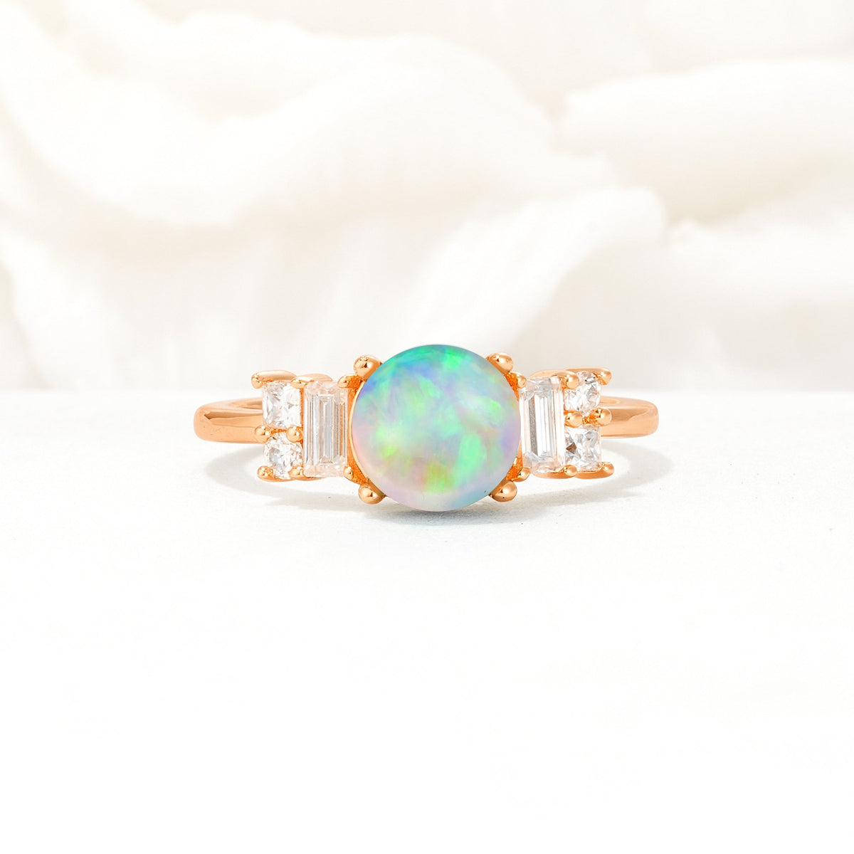 Round Cut Fire Opal Baguette Side Stone Engagement Ring - Additional view
