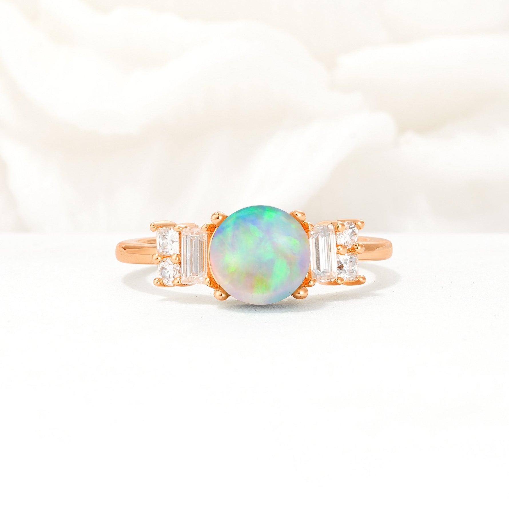 Round Cut Fire Opal Baguette Side Stone Engagement Ring - Additional view