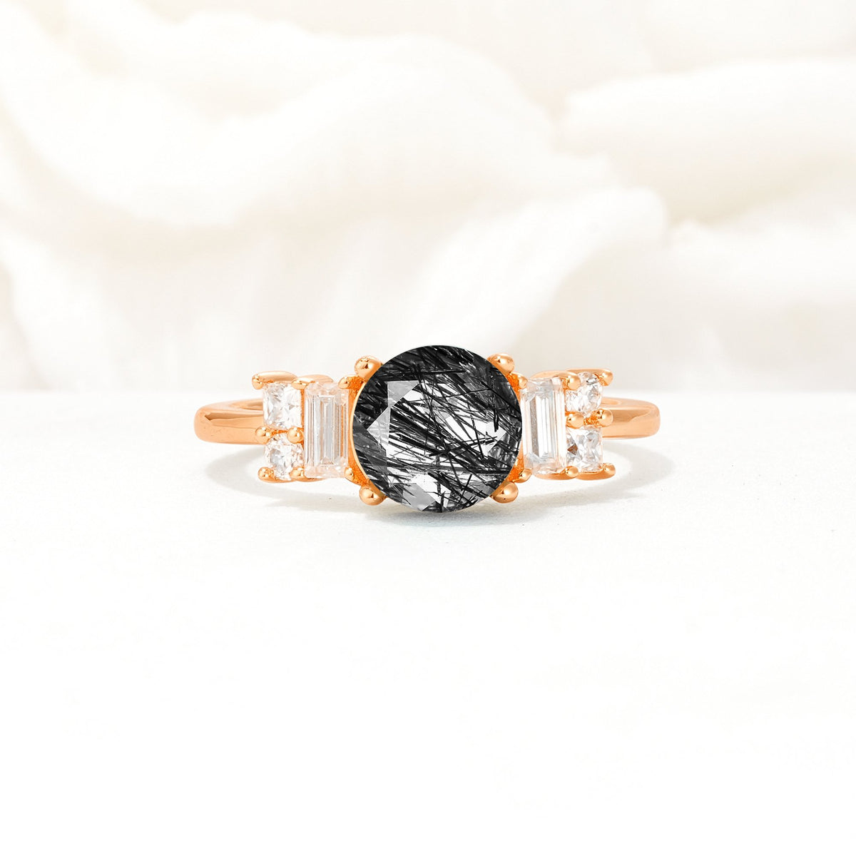 Round Cut Black Rutilated Quartz Baguette Side Stone Engagement Ring - Additional view