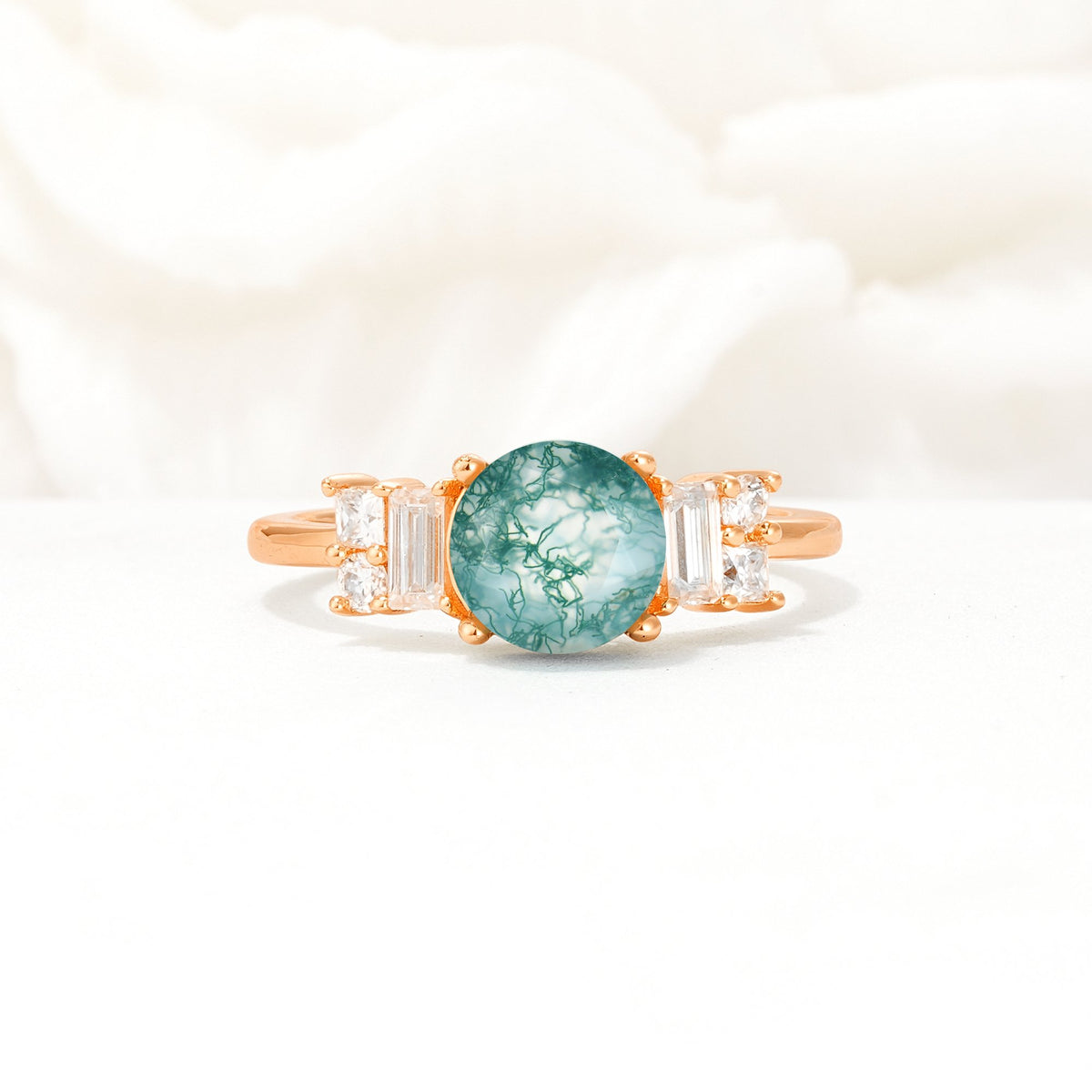 Round Cut Moss Agate Baguette Side Stone Engagement Ring - Additional view
