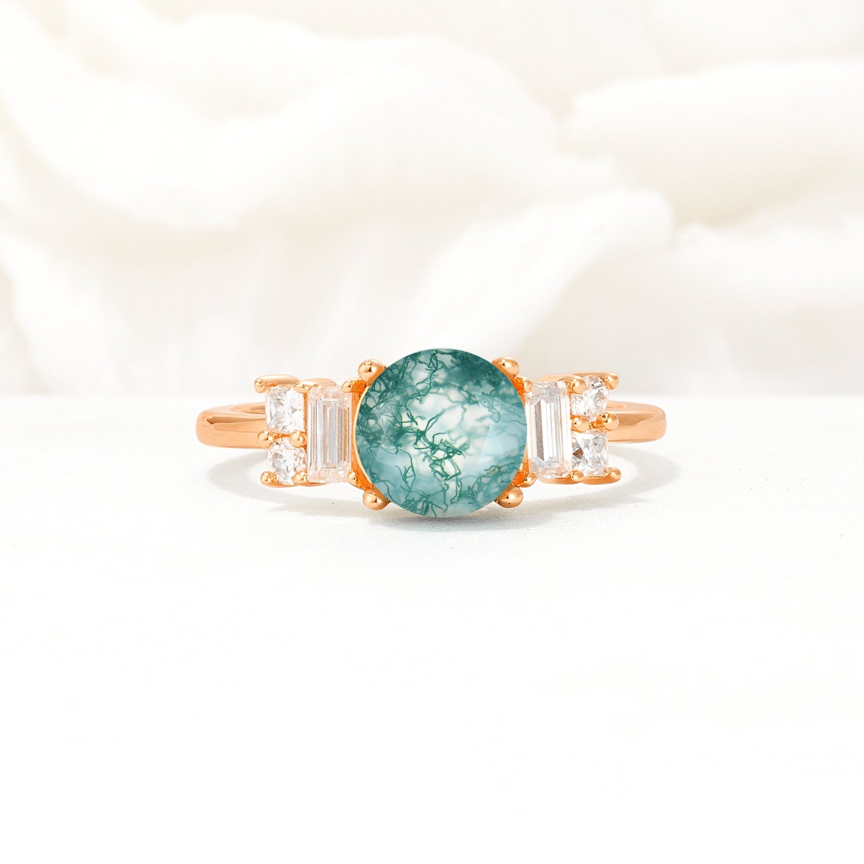 Round Cut Moss Agate Baguette Side Stone Engagement Ring - Additional view