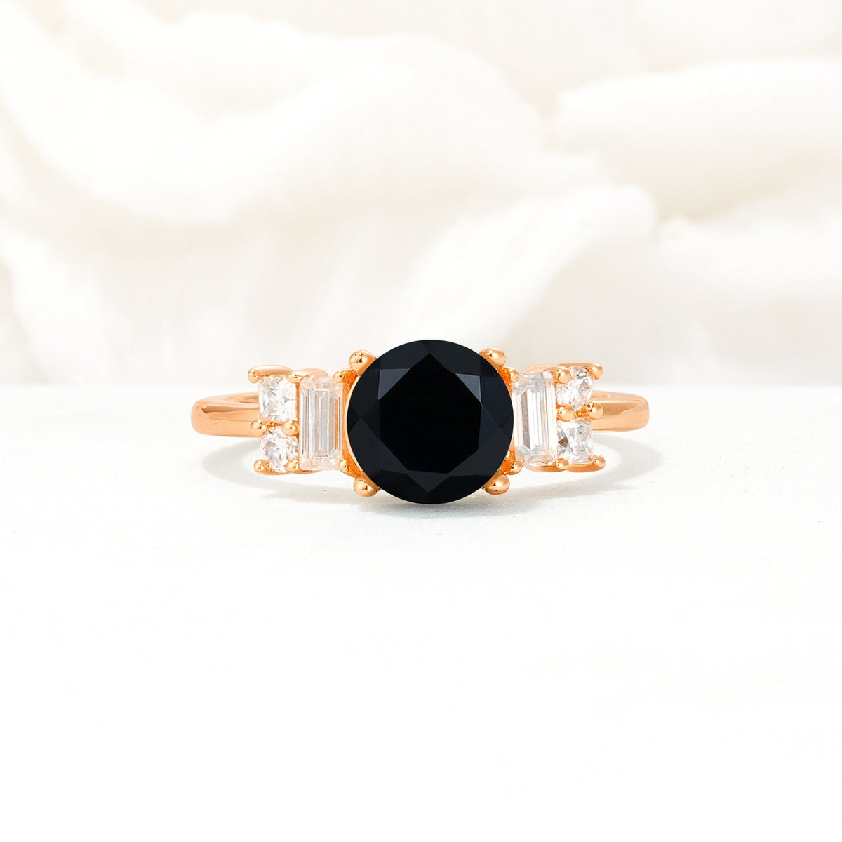 Round Cut Black Onyx Baguette Side Stone Engagement Ring - Additional view