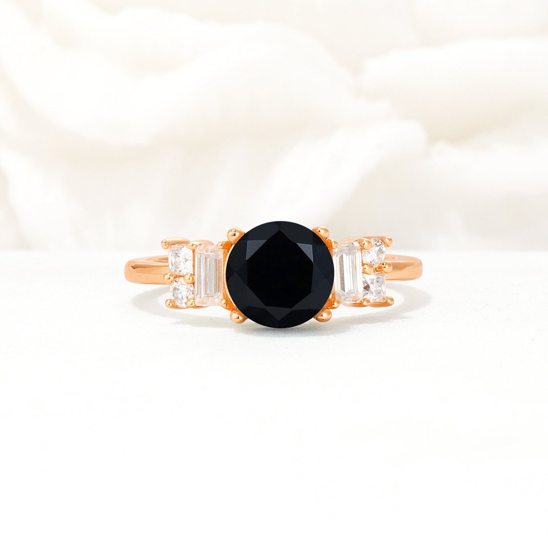 Round Cut Black Onyx Baguette Side Stone Engagement Ring - Additional view