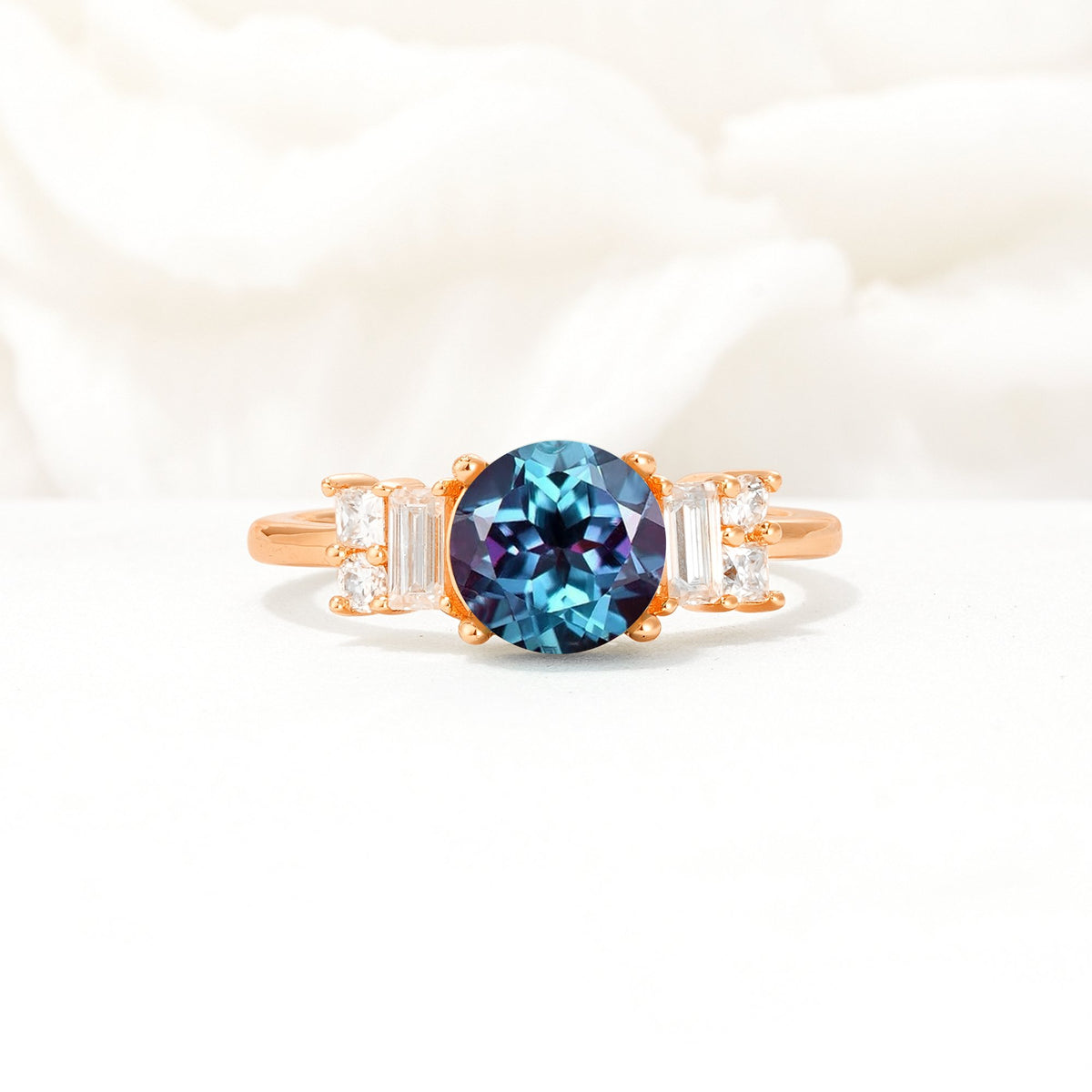 Round Cut Alexandrite Baguette Side Stone Engagement Ring - Additional view