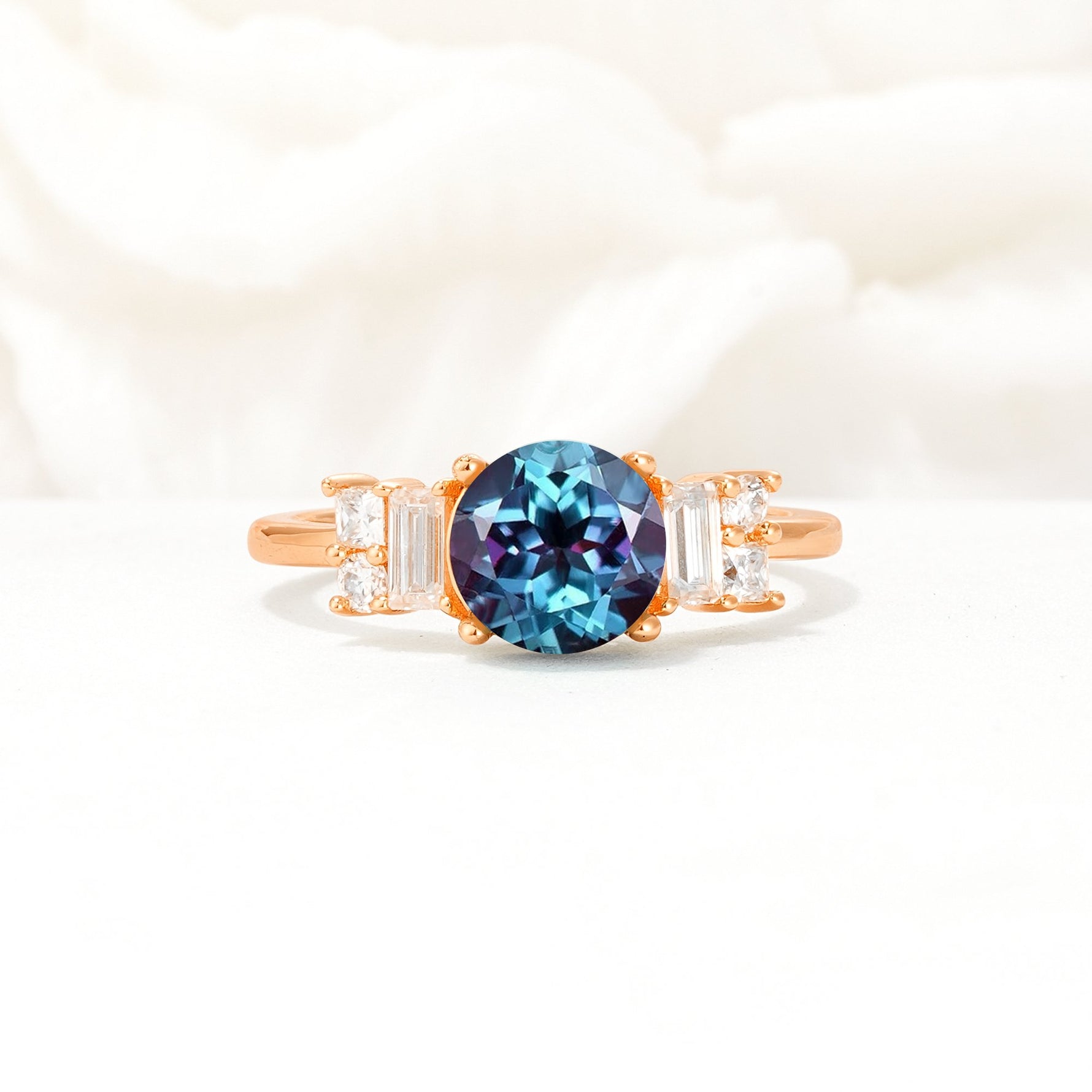 Round Cut Alexandrite Baguette Side Stone Engagement Ring - Additional view
