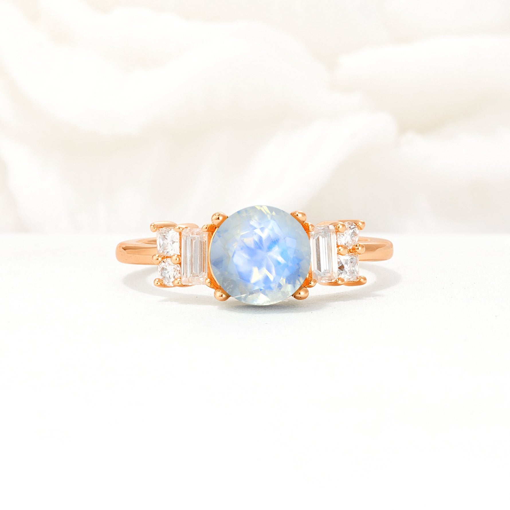 Round Cut Moonstone Baguette Side Stone Engagement Ring - Additional view