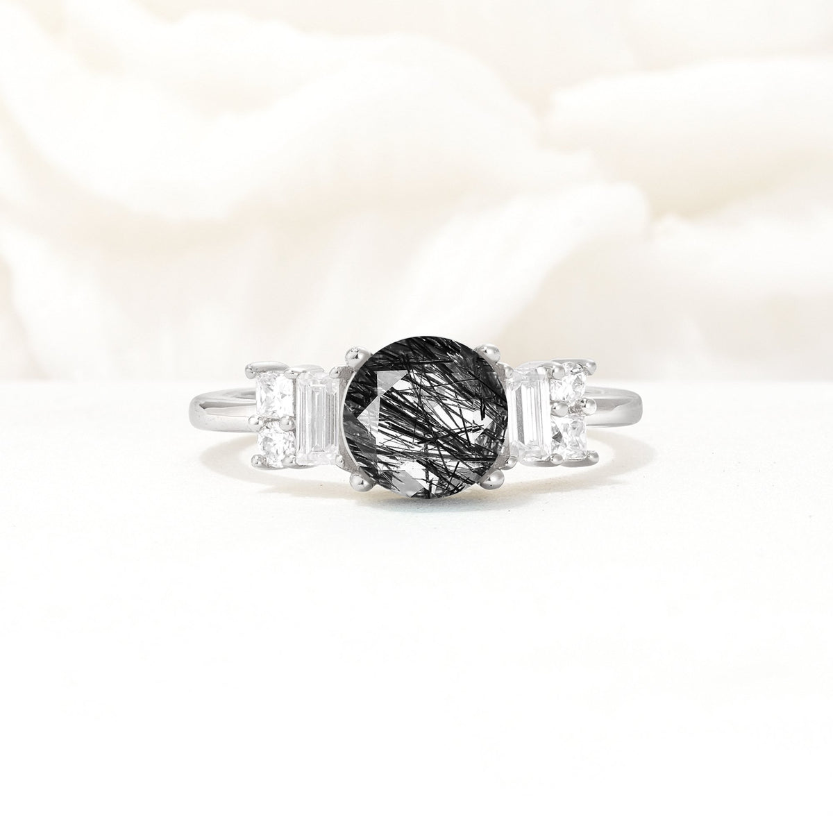Round Cut Black Rutilated Quartz Baguette Side Stone Engagement Ring - Additional view