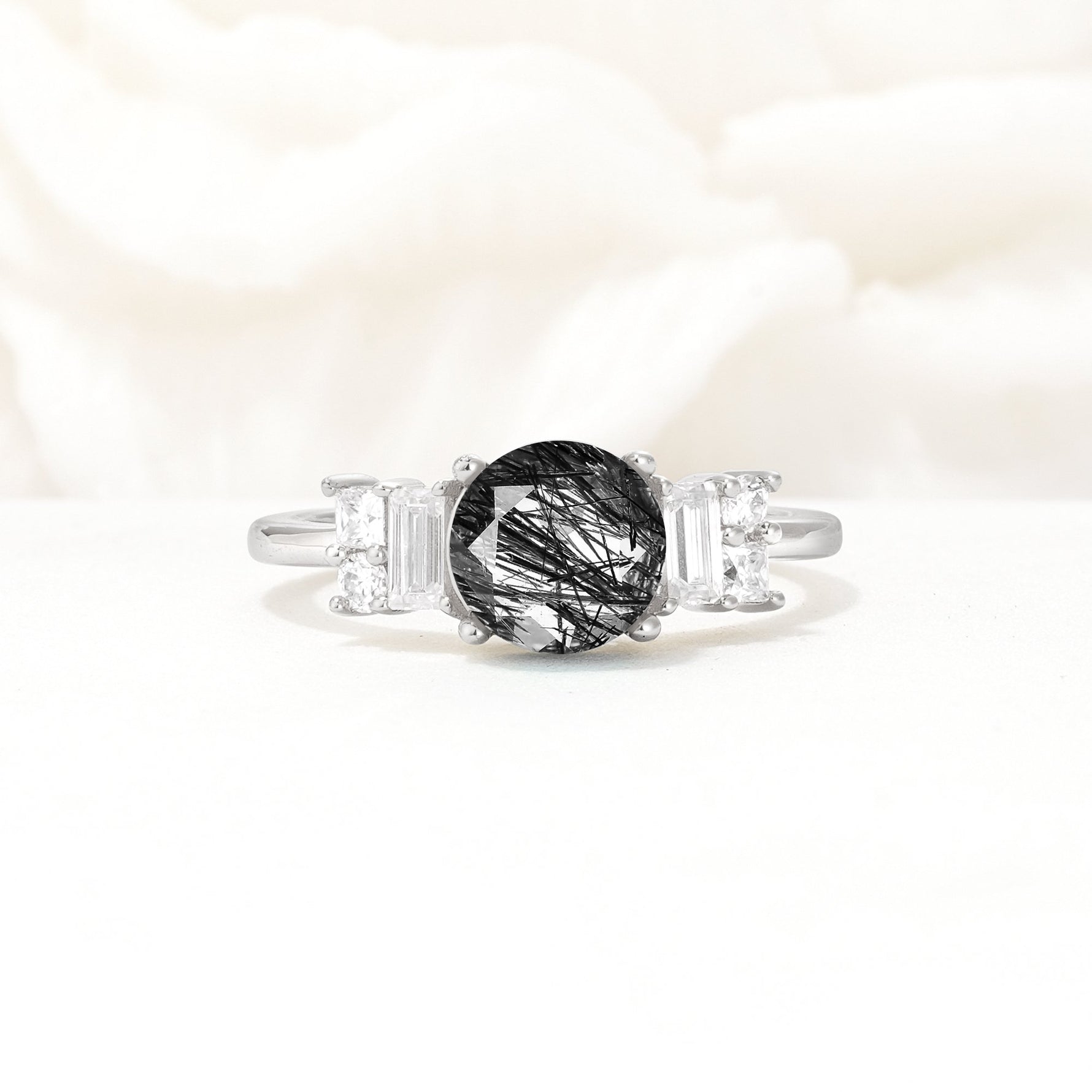 Round Cut Black Rutilated Quartz Baguette Side Stone Engagement Ring - Additional view