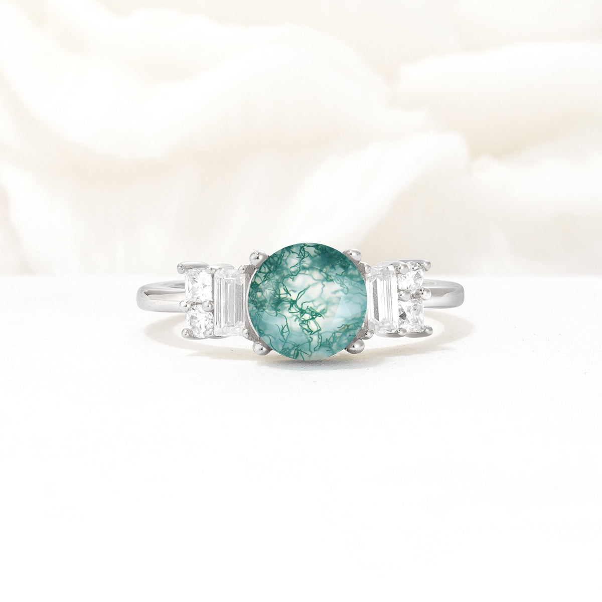 Round Cut Moss Agate Baguette Side Stone Engagement Ring - Additional view