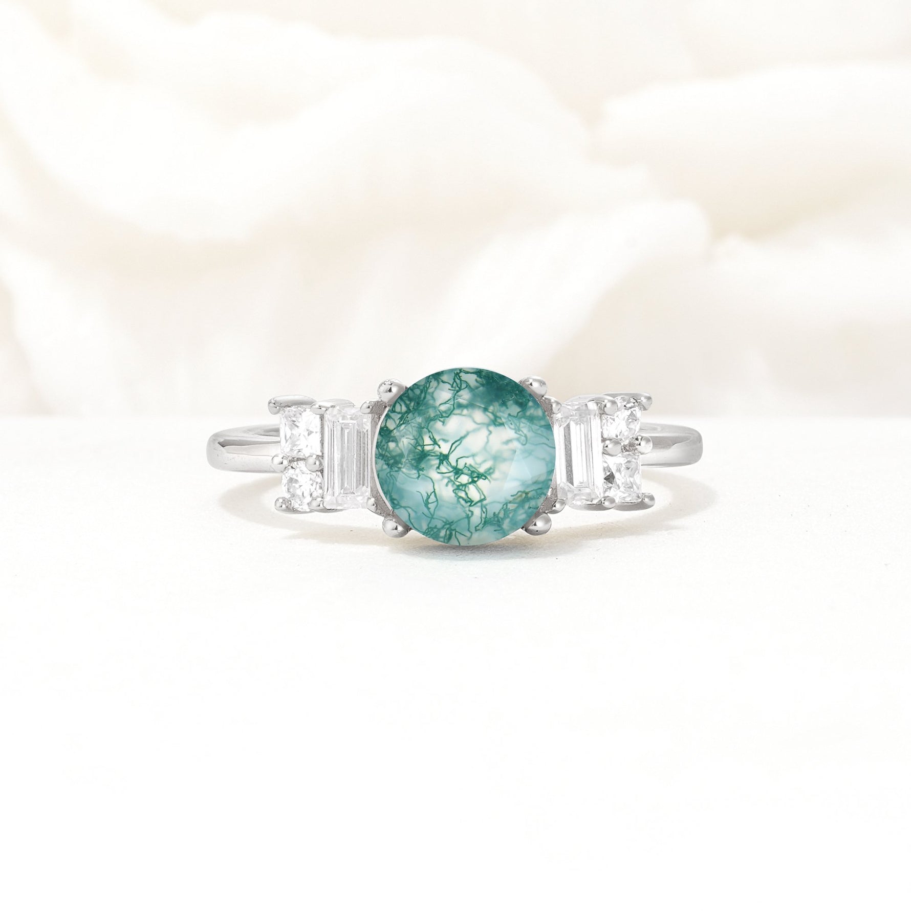 Round Cut Moss Agate Baguette Side Stone Engagement Ring - Additional view