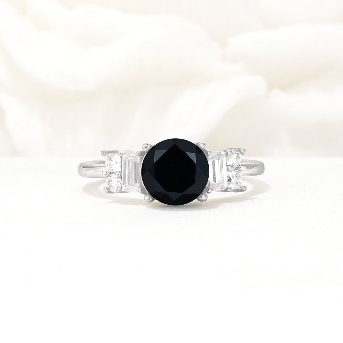 Round Cut Black Onyx Baguette Side Stone Engagement Ring - Additional view
