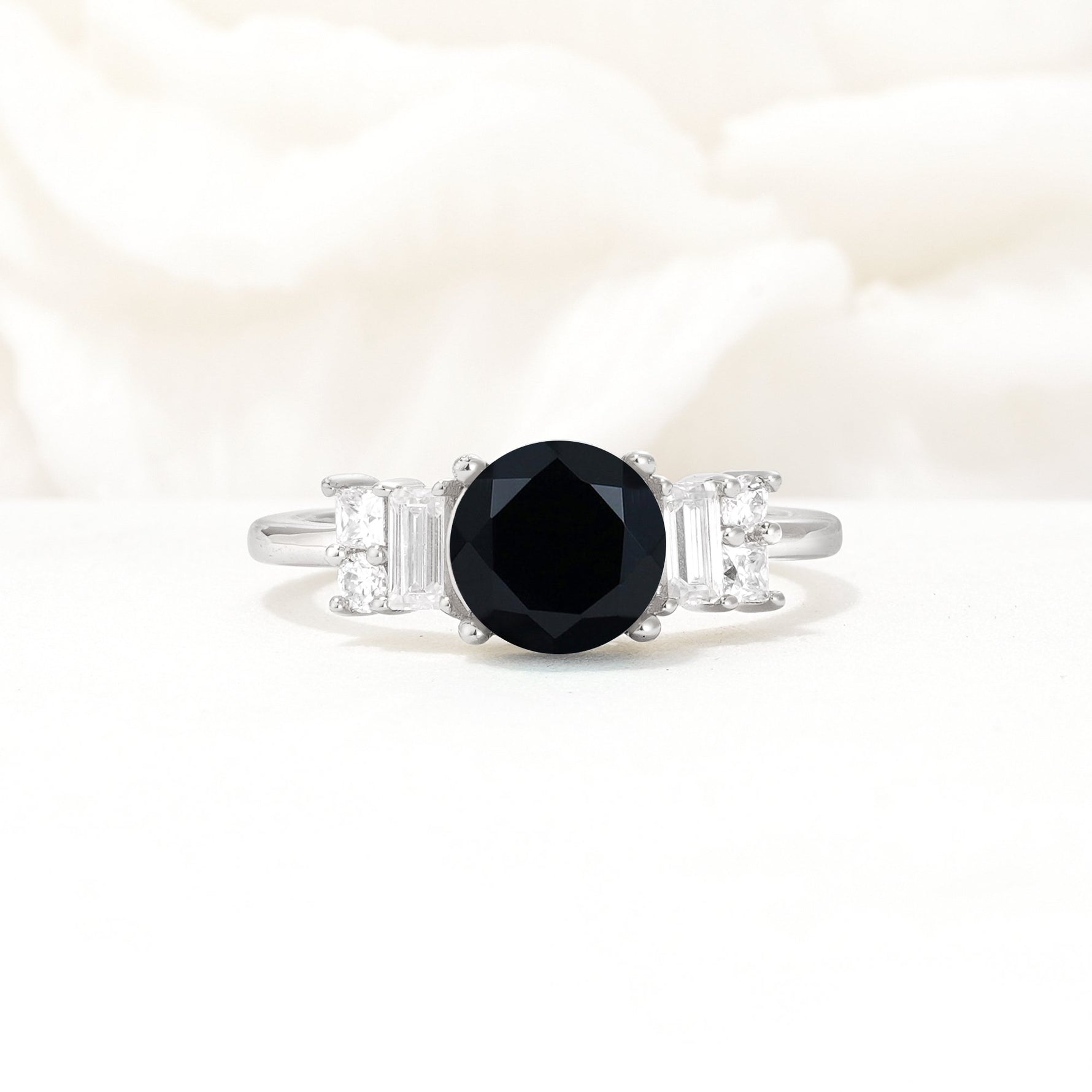 Round Cut Black Onyx Baguette Side Stone Engagement Ring - Additional view