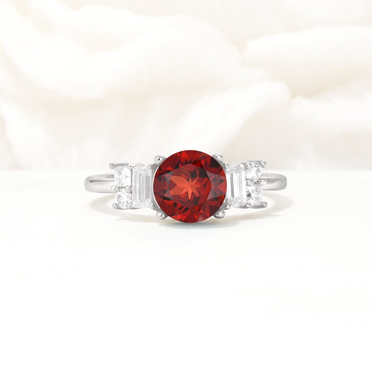 Round Cut Garnet Baguette Side Stone Engagement Ring - Additional view