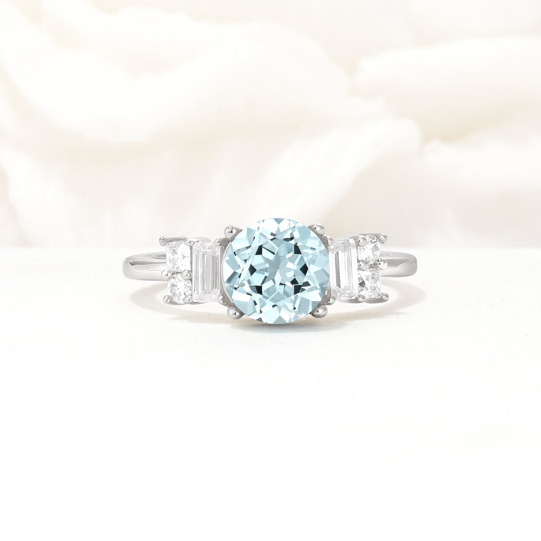 Round Cut Aquamarine Baguette Side Stone Engagement Ring - Additional view
