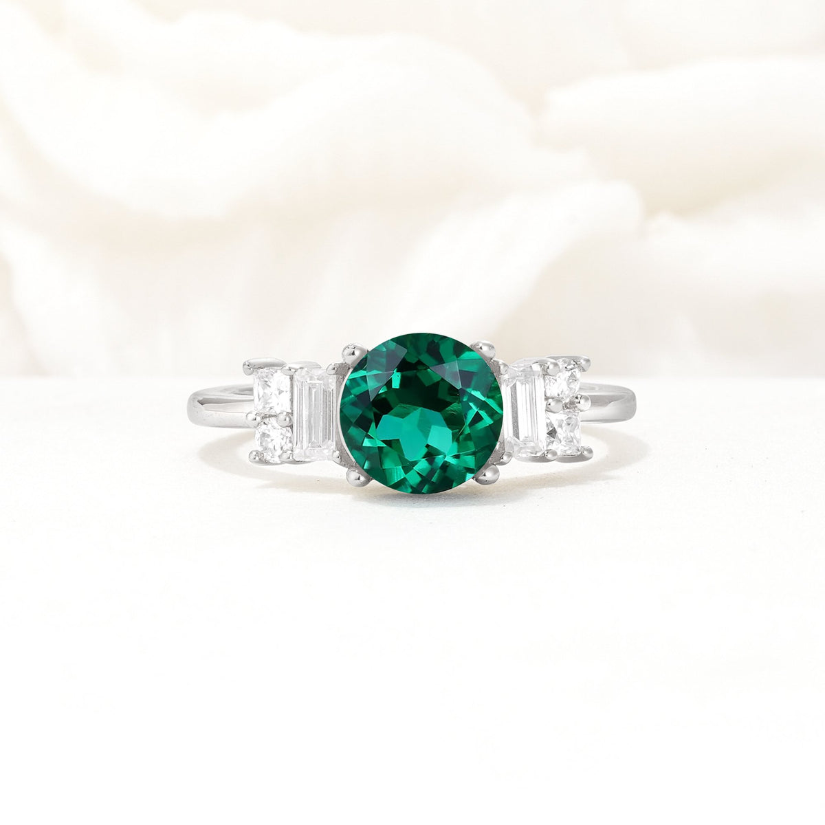 Round Cut Emerald Baguette Side Stone Engagement Ring - Additional view