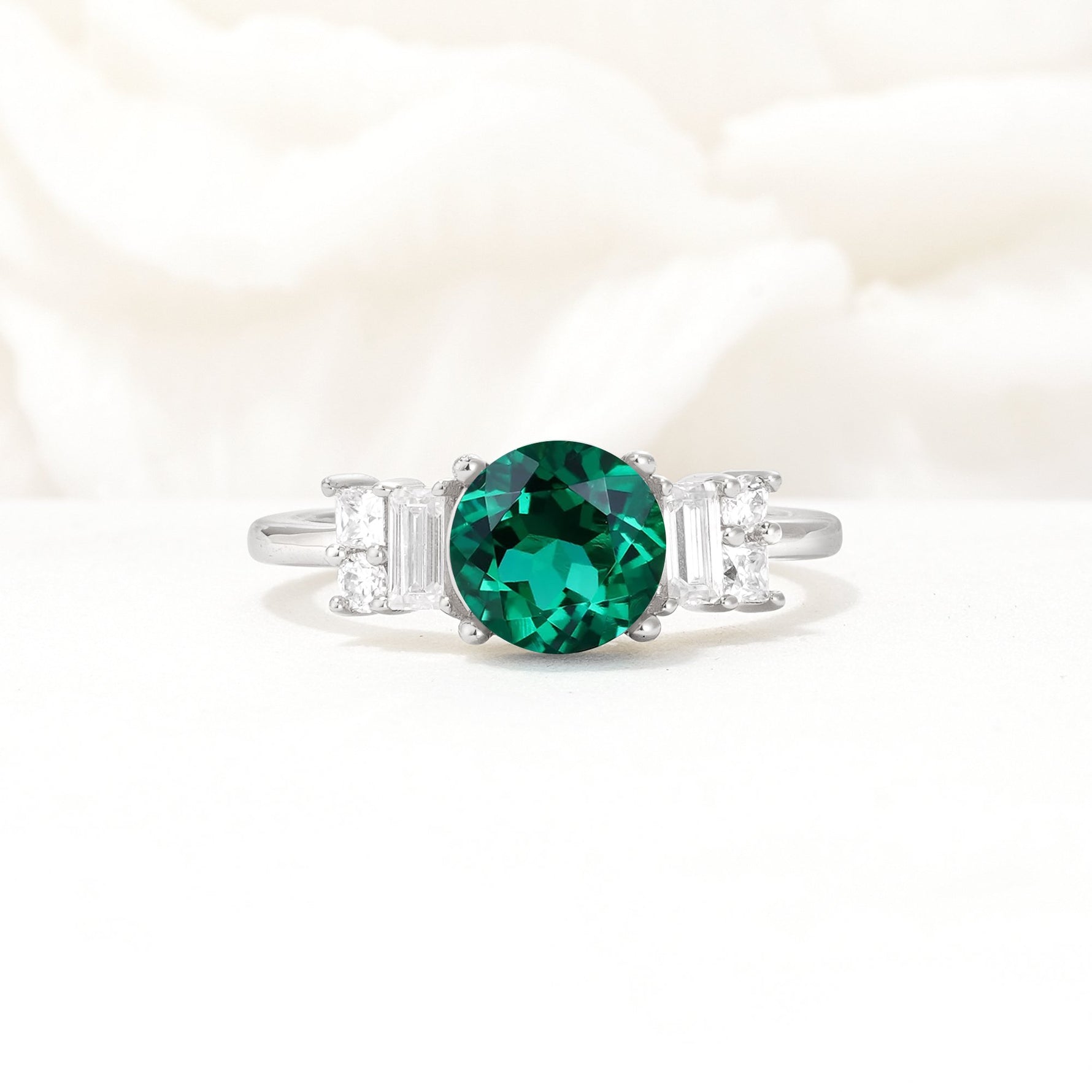 Round Cut Emerald Baguette Side Stone Engagement Ring - Additional view
