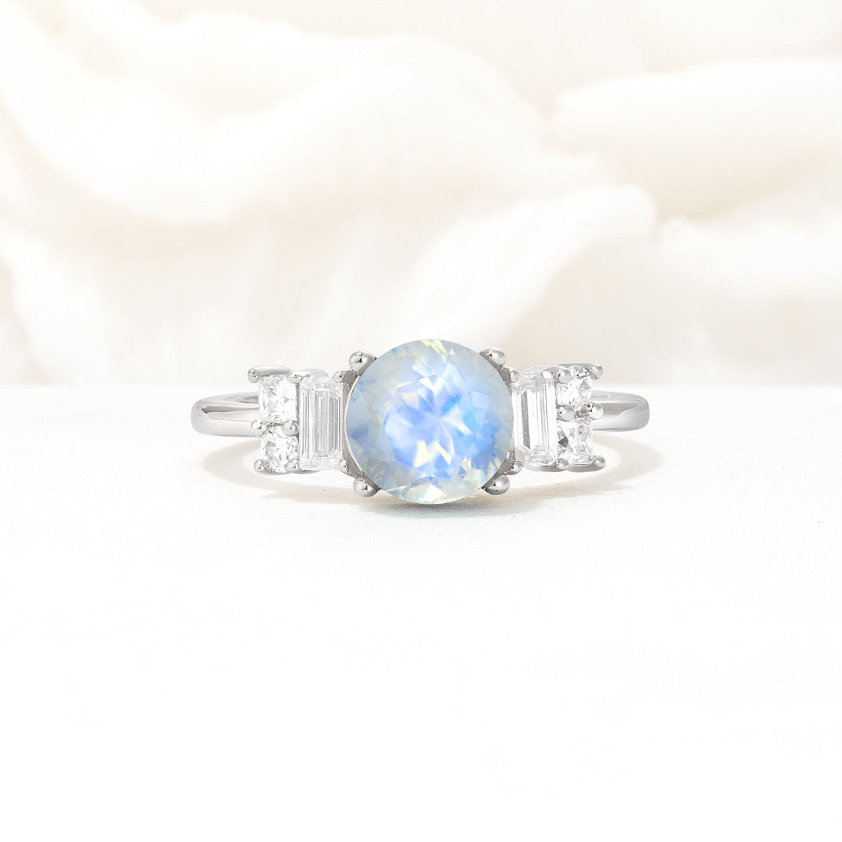 Round Cut Moonstone Baguette Side Stone Engagement Ring - Additional view