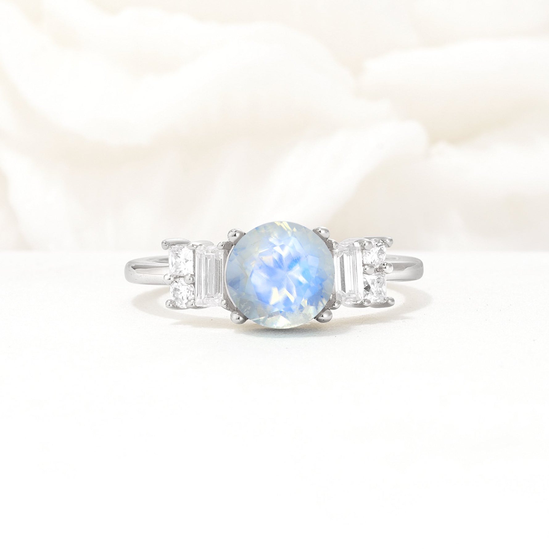 Round Cut Moonstone Baguette Side Stone Engagement Ring - Additional view