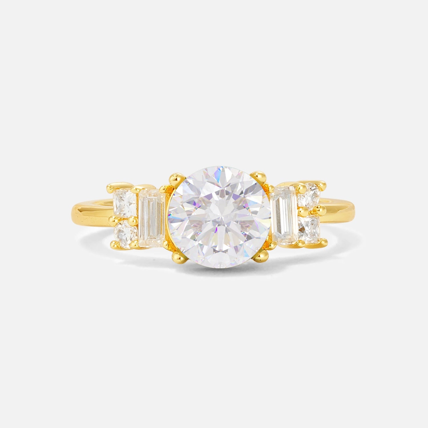 Round Cut Moissanite Baguette Side Stone Engagement Ring