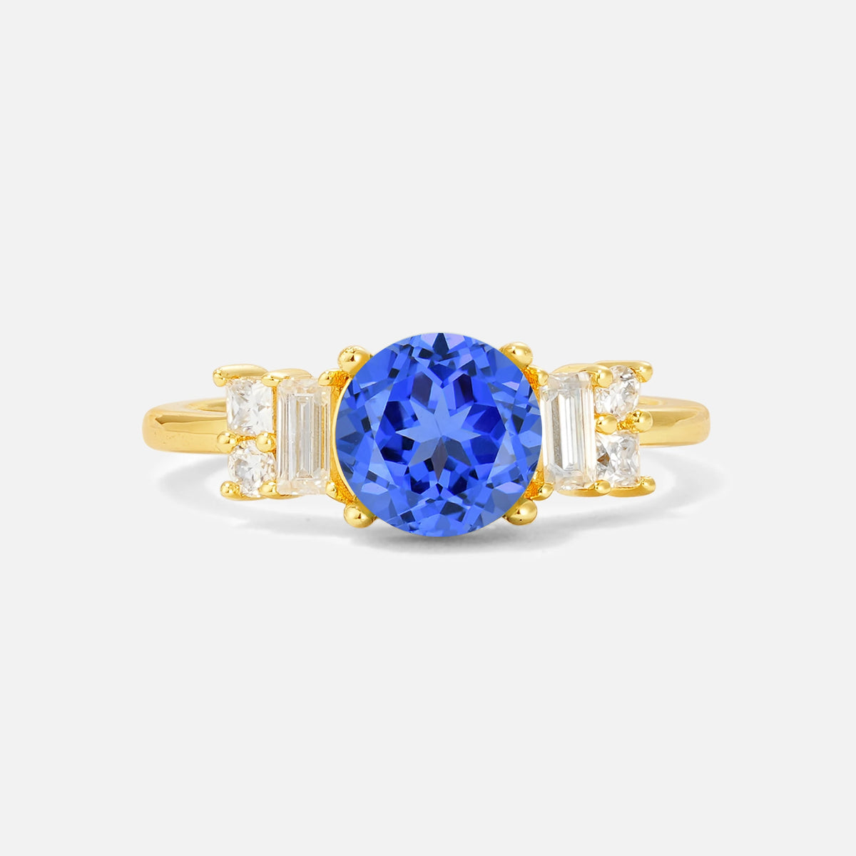 Round Cut Sapphire Baguette Side Stone Engagement Ring