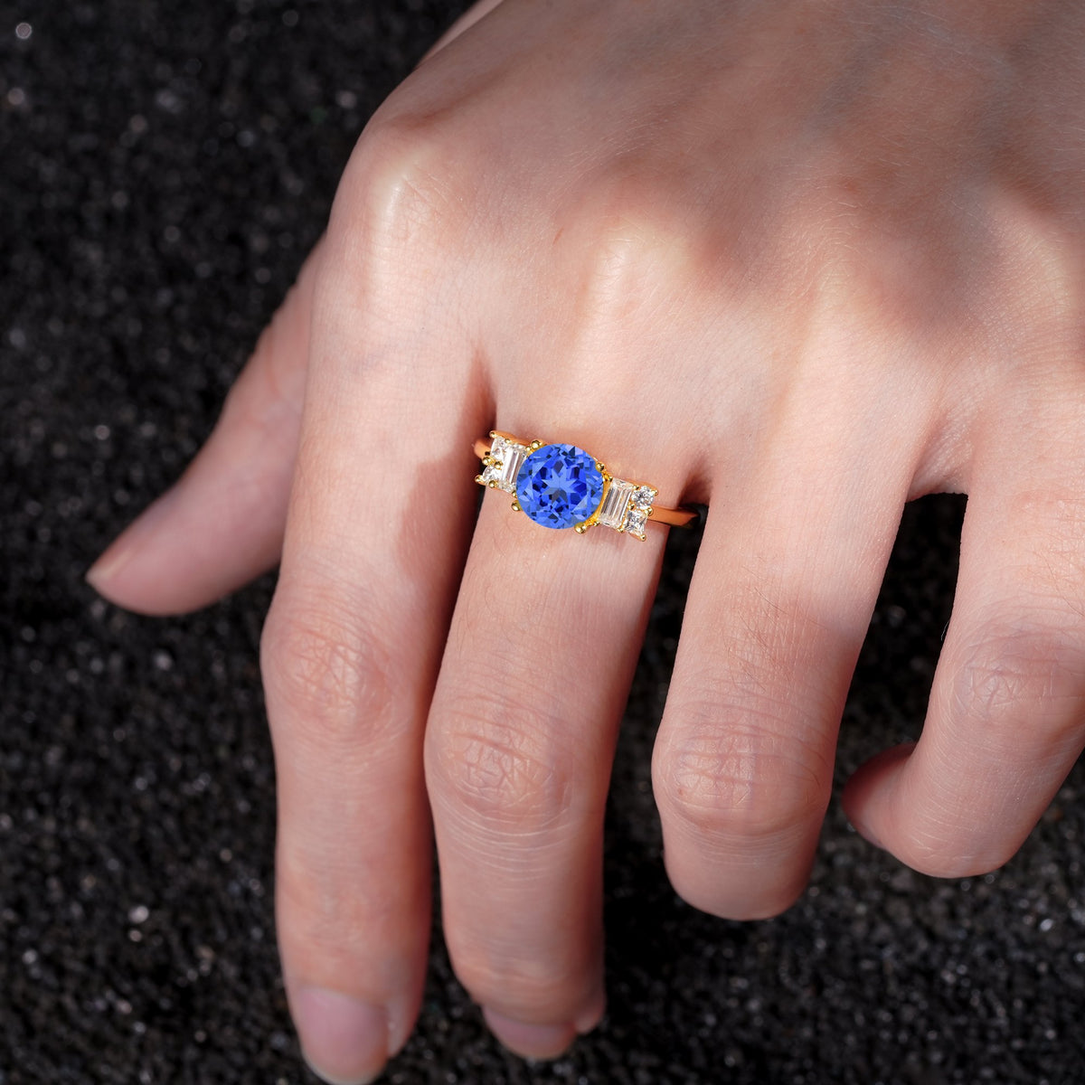 Round Cut Sapphire Baguette Side Stone Engagement Ring - Additional view