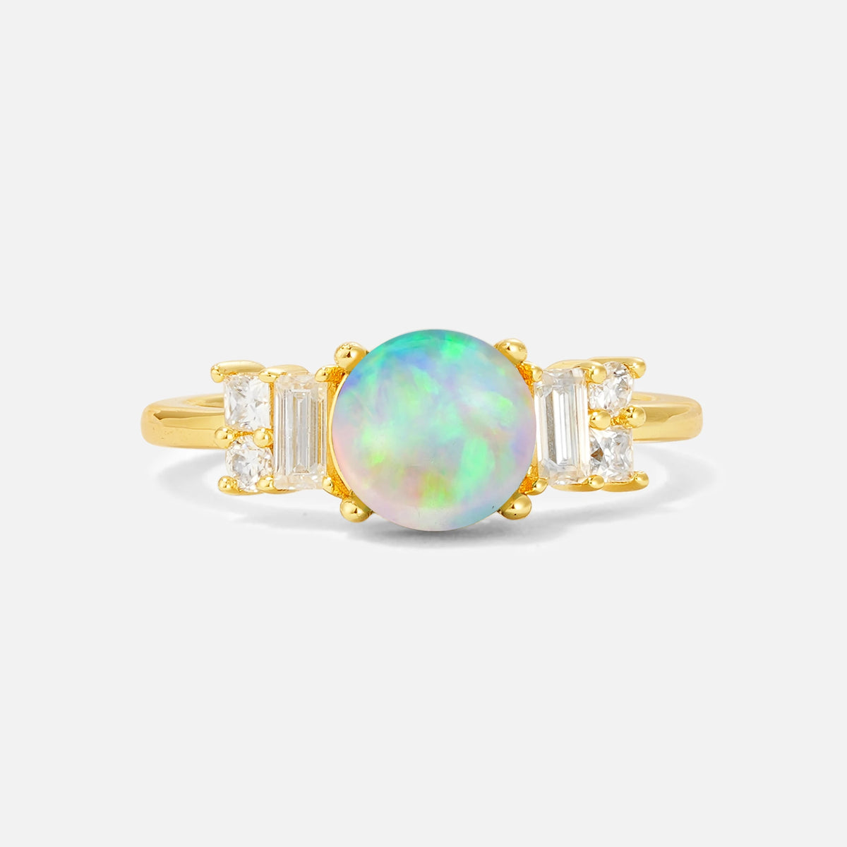 Round Cut Fire Opal Baguette Side Stone Engagement Ring
