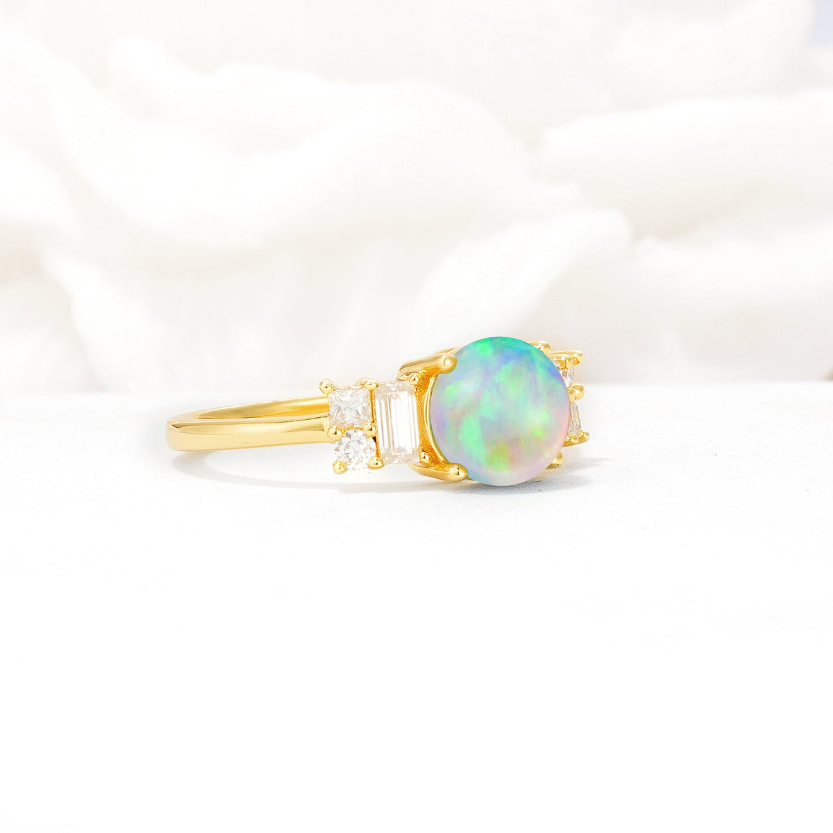 Round Cut Fire Opal Baguette Side Stone Engagement Ring - Additional view
