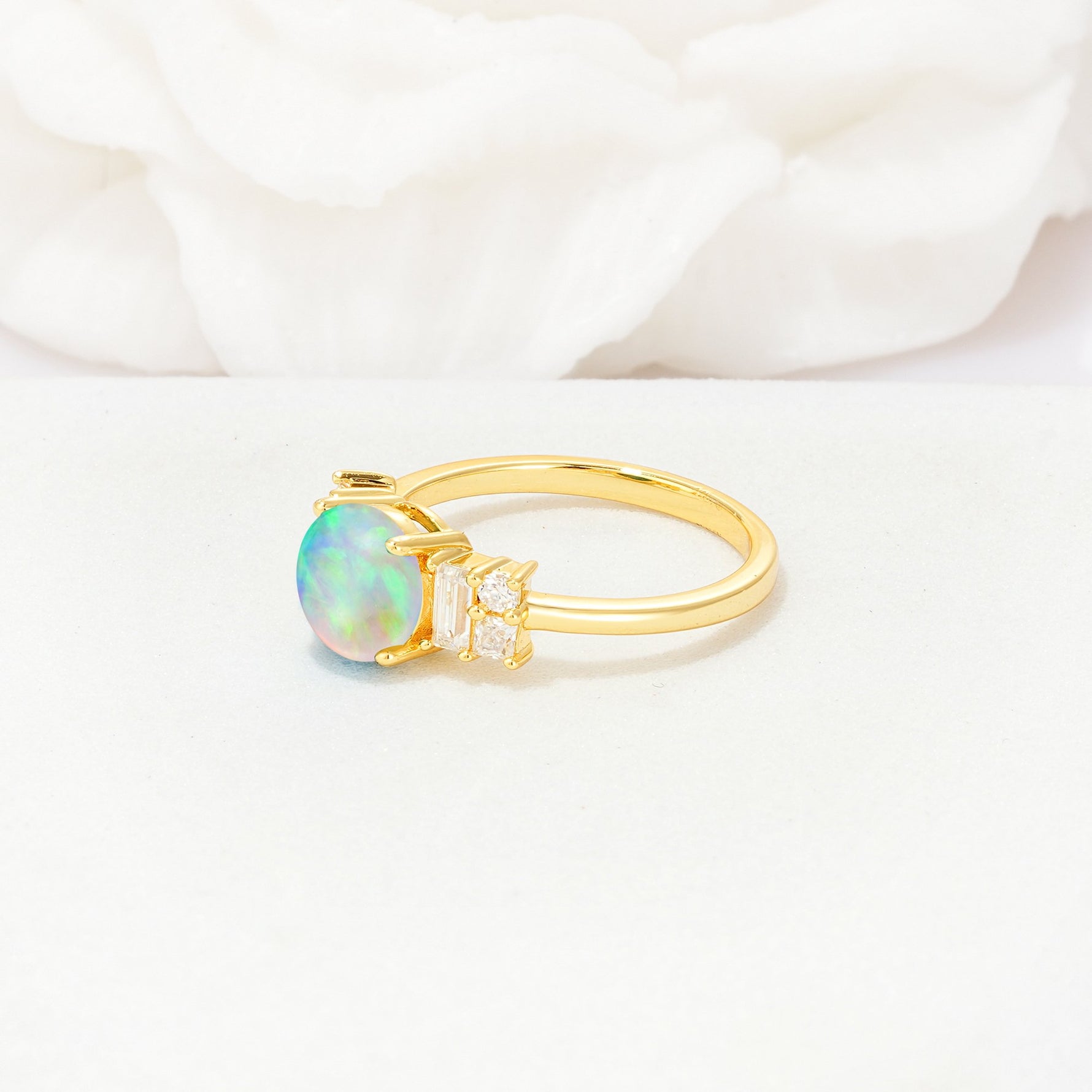 Round Cut Fire Opal Baguette Side Stone Engagement Ring - Additional view