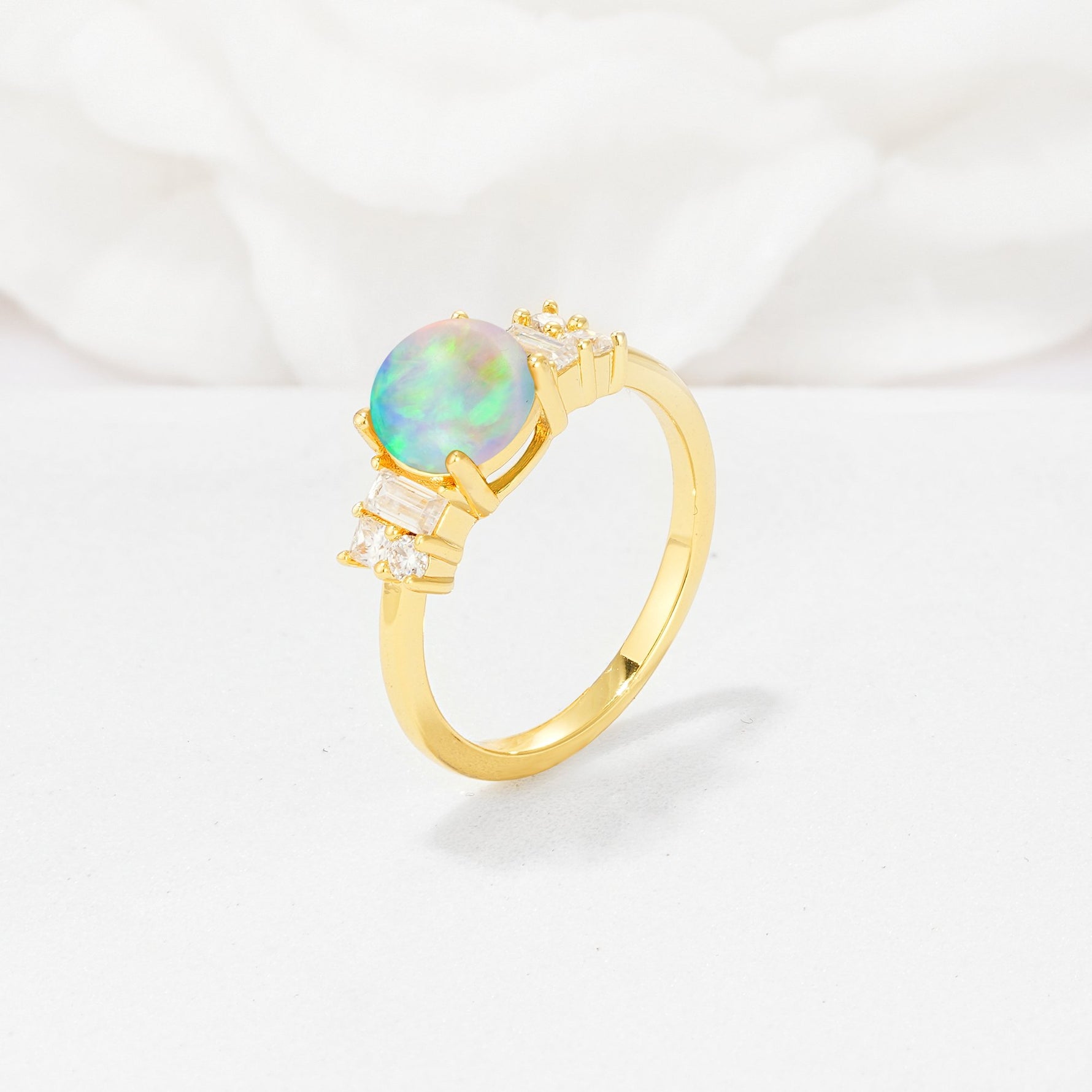 Round Cut Fire Opal Baguette Side Stone Engagement Ring - Additional view