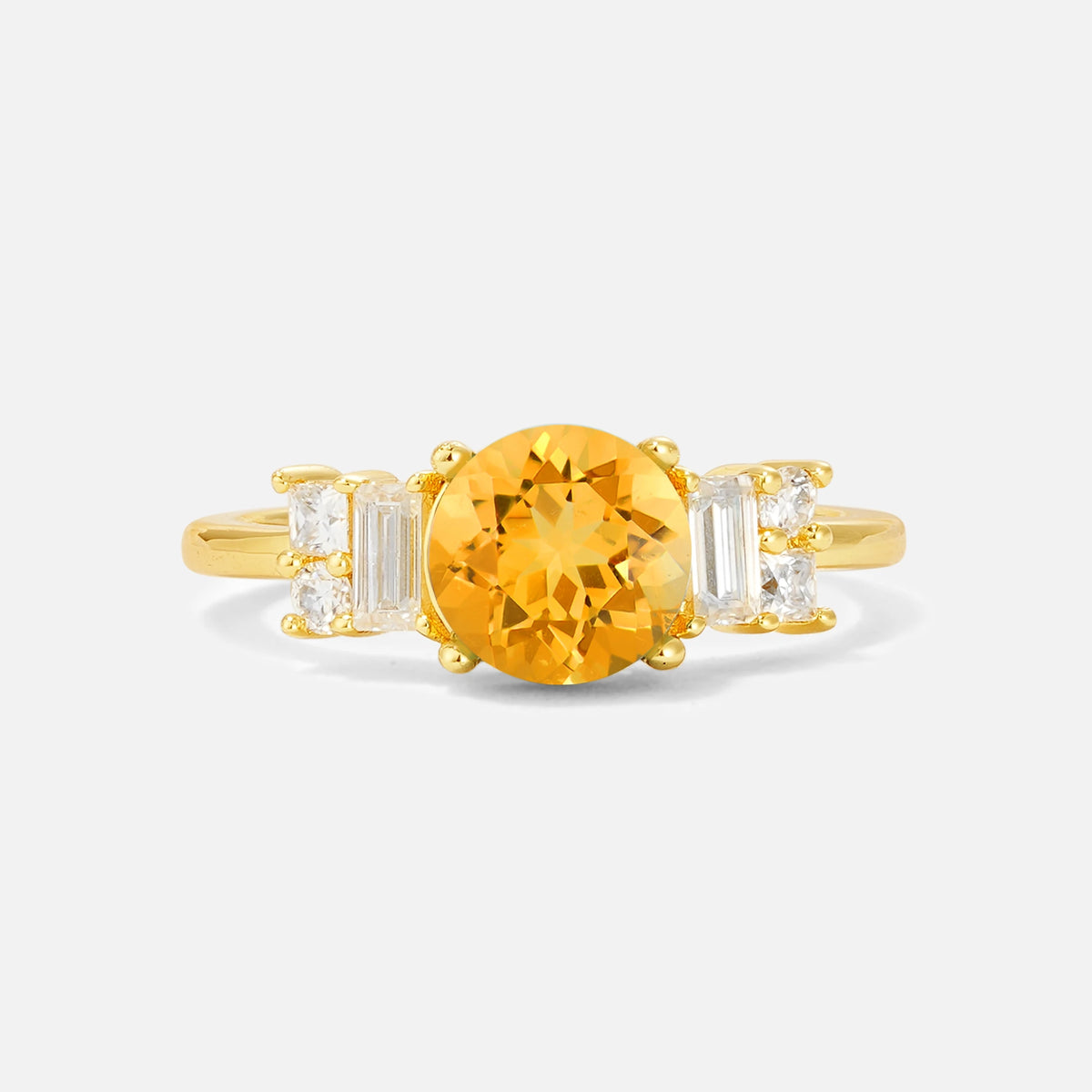 Round Cut Citrine Baguette Side Stone Engagement Ring
