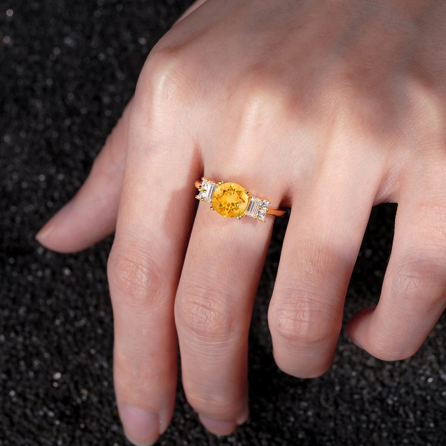 Round Cut Citrine Baguette Side Stone Engagement Ring