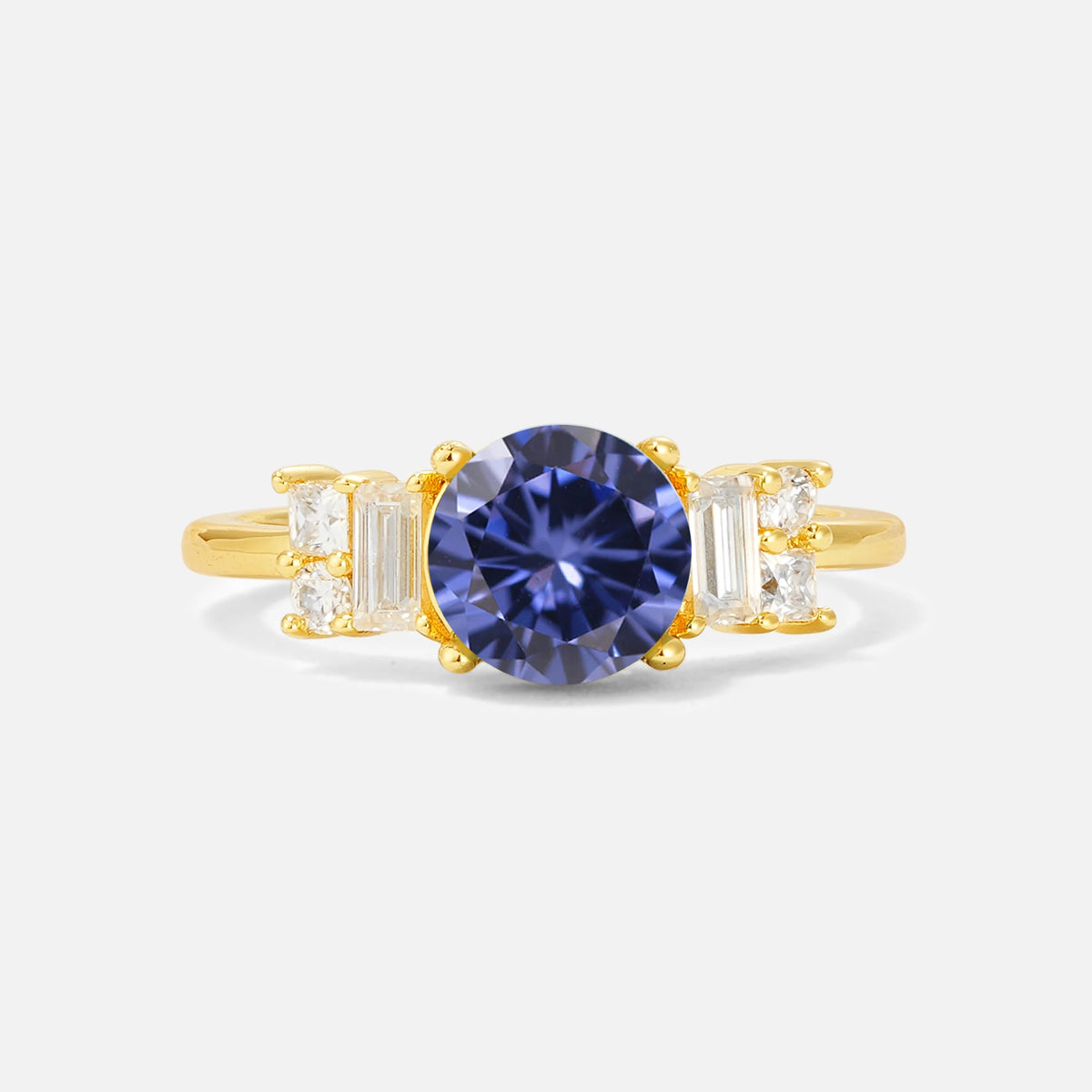 Round Cut Tanzanite Baguette Side Stone Engagement Ring