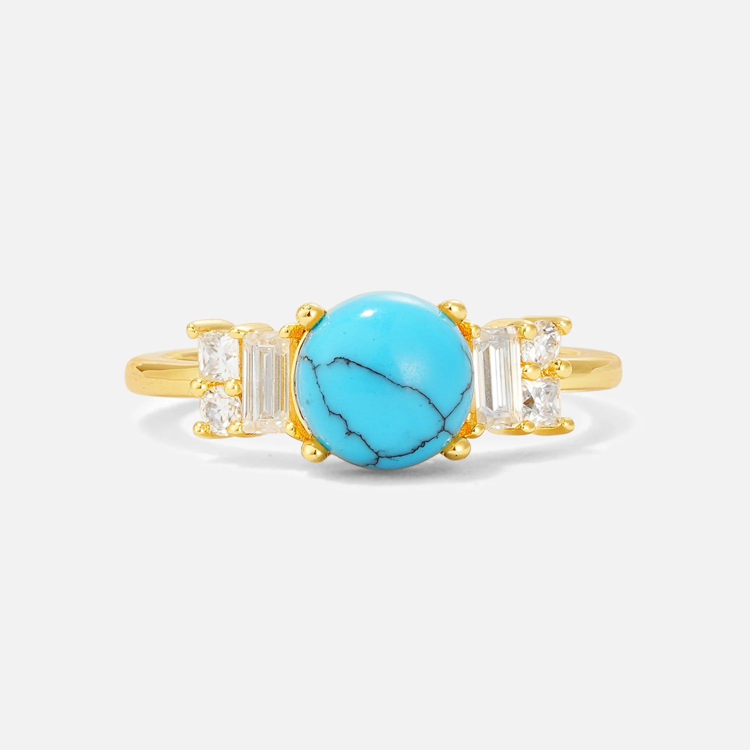 Round Cut Turquoise Baguette Side Stone Engagement Ring