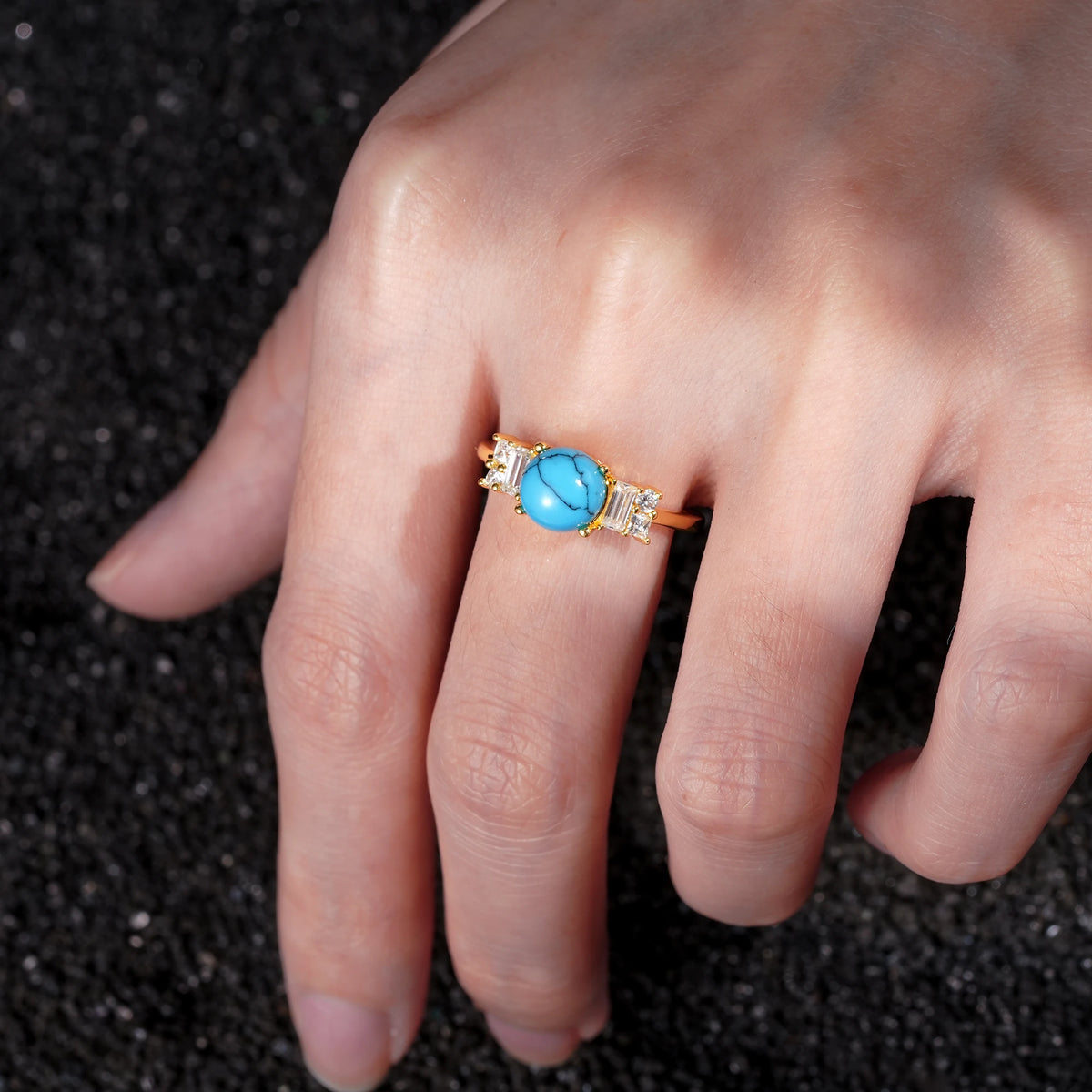 Round Cut Turquoise Baguette Side Stone Engagement Ring